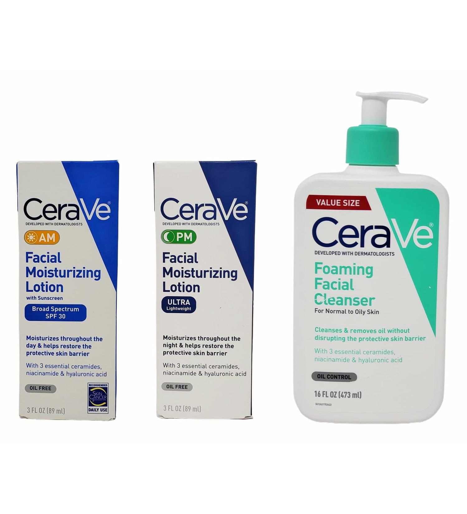 CeraVe Daily Skincare Facial Bundle - Cleanser & Moisturizers Set - Buy Online on GoSupps.com