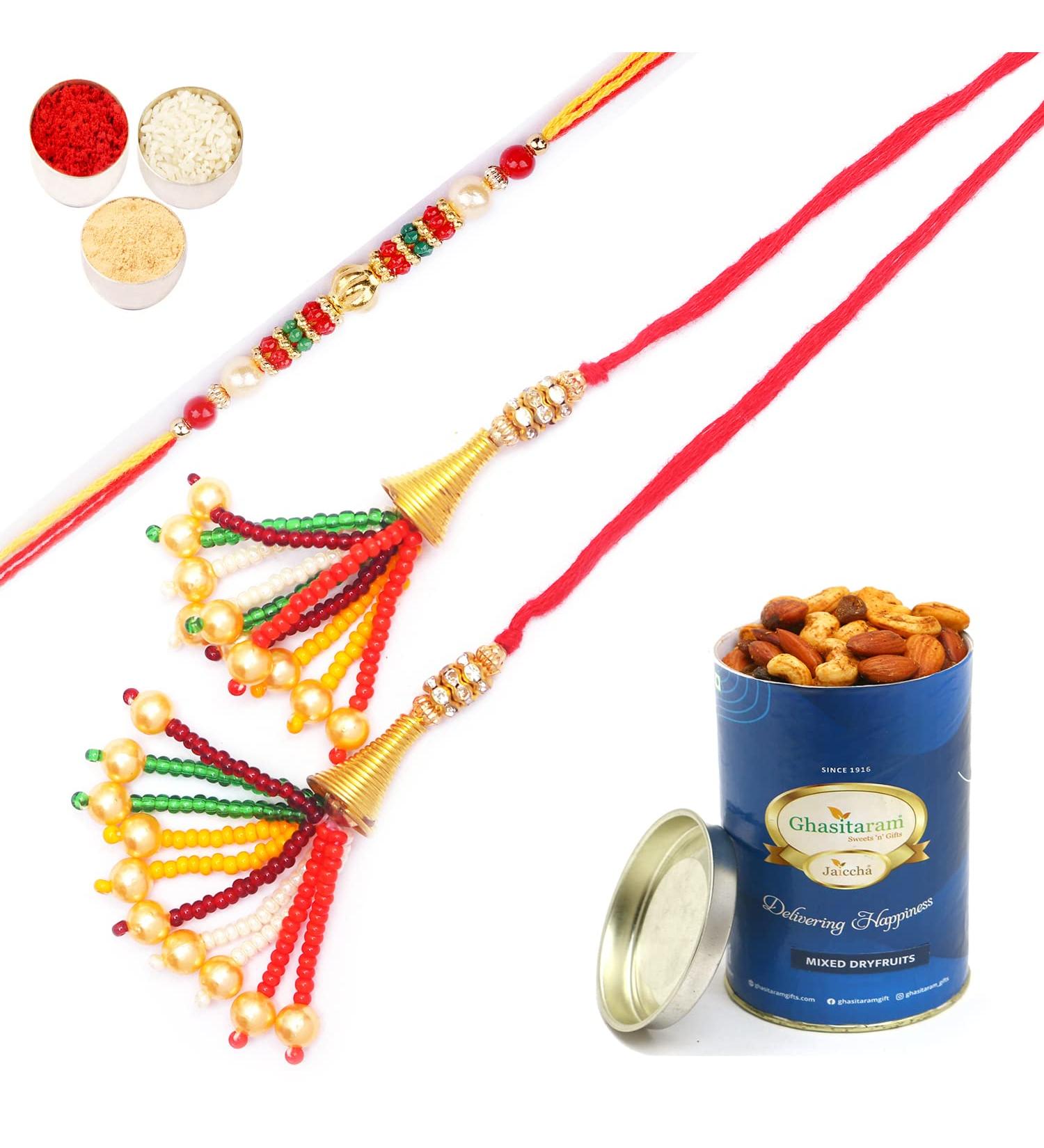 Ghasitaram Gifts Rakhis Online - Rakhi for Brother- Coloured Beads Bhaiya Bhabhi Rakhi with 100 GMS of Dryfruits Mix Can Rakhi Set with 100 gms of Dryfruits Mix Can - Buy Online on GoSupps.com