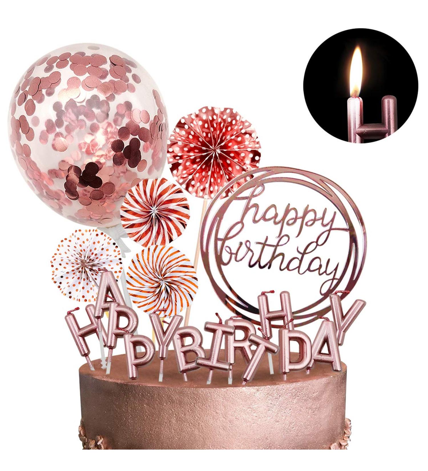 Rose Gold Cake Topper Decoration & Birthday Party Supplies - Happy Birthday Candles, Banner, Confetti Balloon, Paper Fans - Ideal for Girl's & Women's Rose Gold Theme Party Decor - Buy Online on GoSupps.com