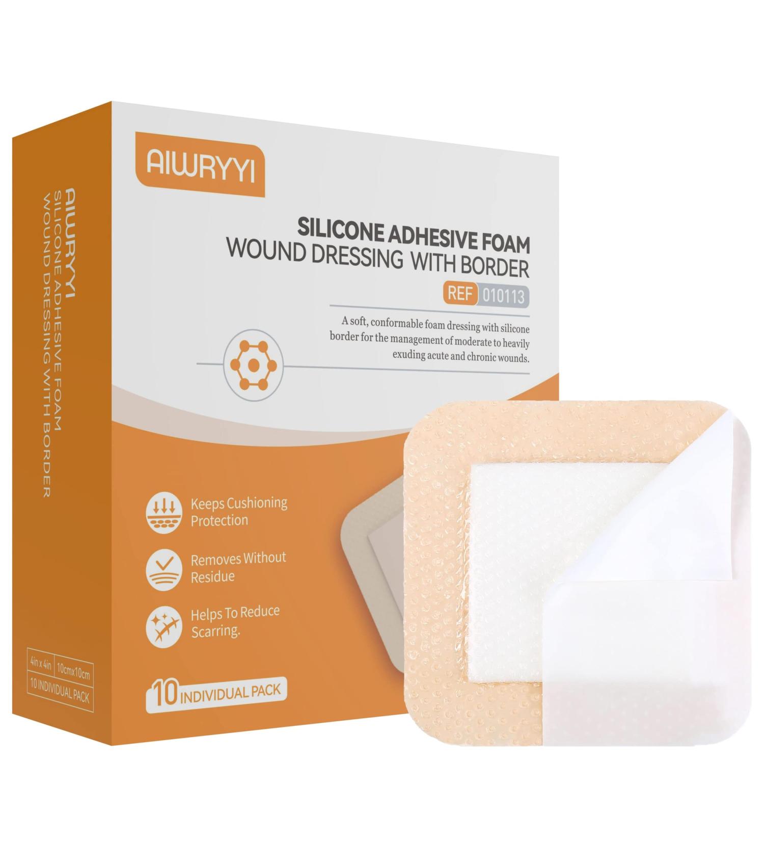 Silicone Adhesive Foam Wound Dressing 4x4 with Border - 10 Pack | Sterile 5-Layer Gel Pad for Pressure Ulcer, Leg Ulcer, Diabetic Foot Ulcer - Buy Online on GoSupps.com