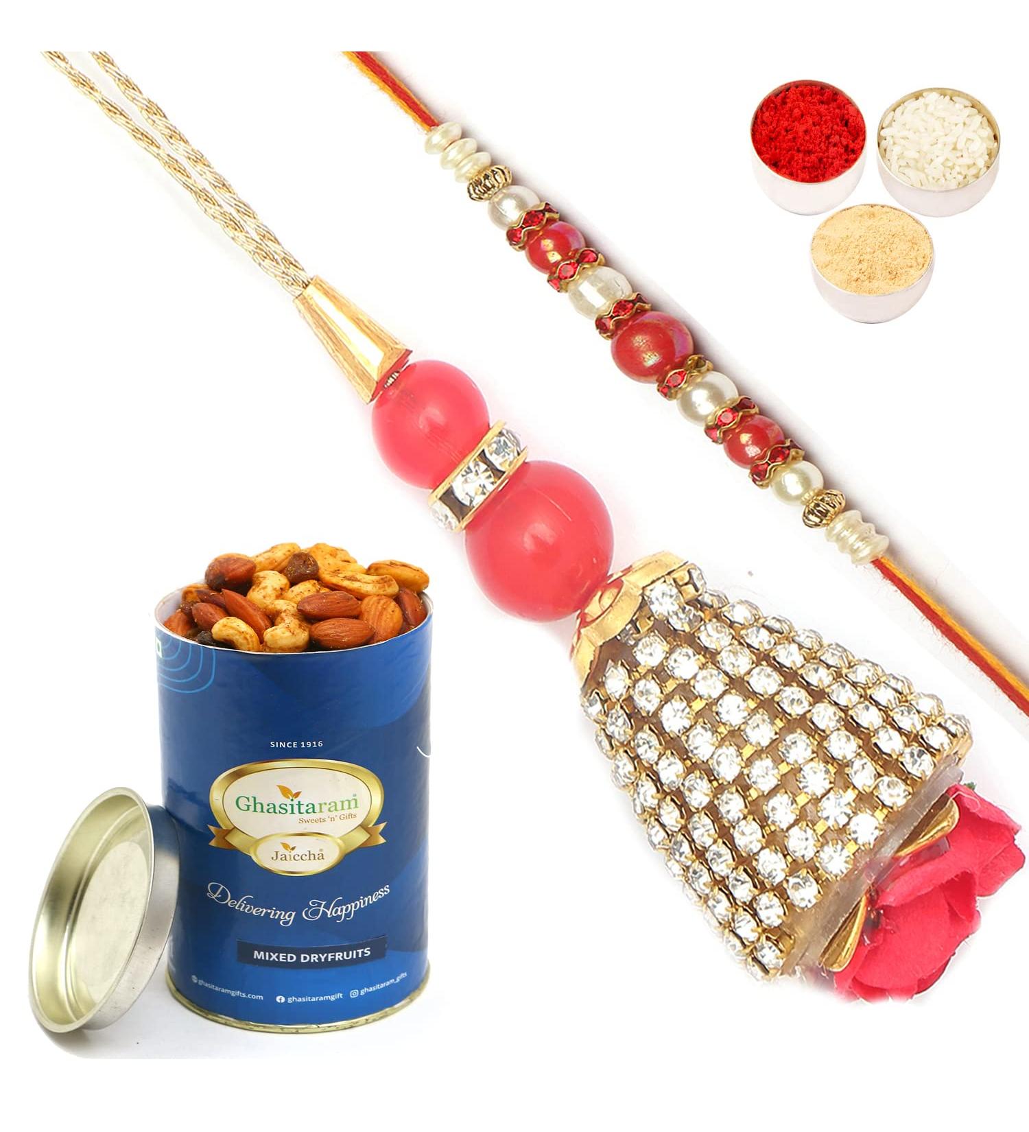 Ghasitaram Gifts Rakhis Online - Rakhi for Brother- The Glittering Chains Bhaiya Bhabhi Rakhi with 100 GMS of Dryfruits Mix Can Rakhi Set with 100 gms of Dryfruits Mix Can - Buy Online on GoSupps.com