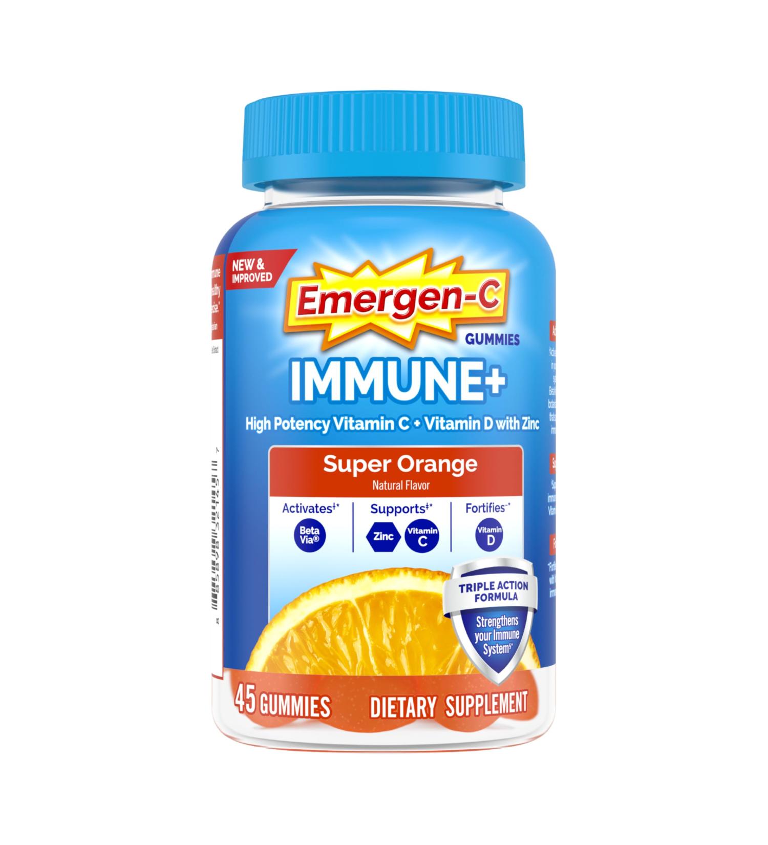 Emergen-C Immune+ Triple Action Immune Support Gummies BetaVia (R) 1000mg Vitamin C B Vitamins Vitamin D and Antioxidants Super Orange - 45 Count - Buy Online on GoSupps.com