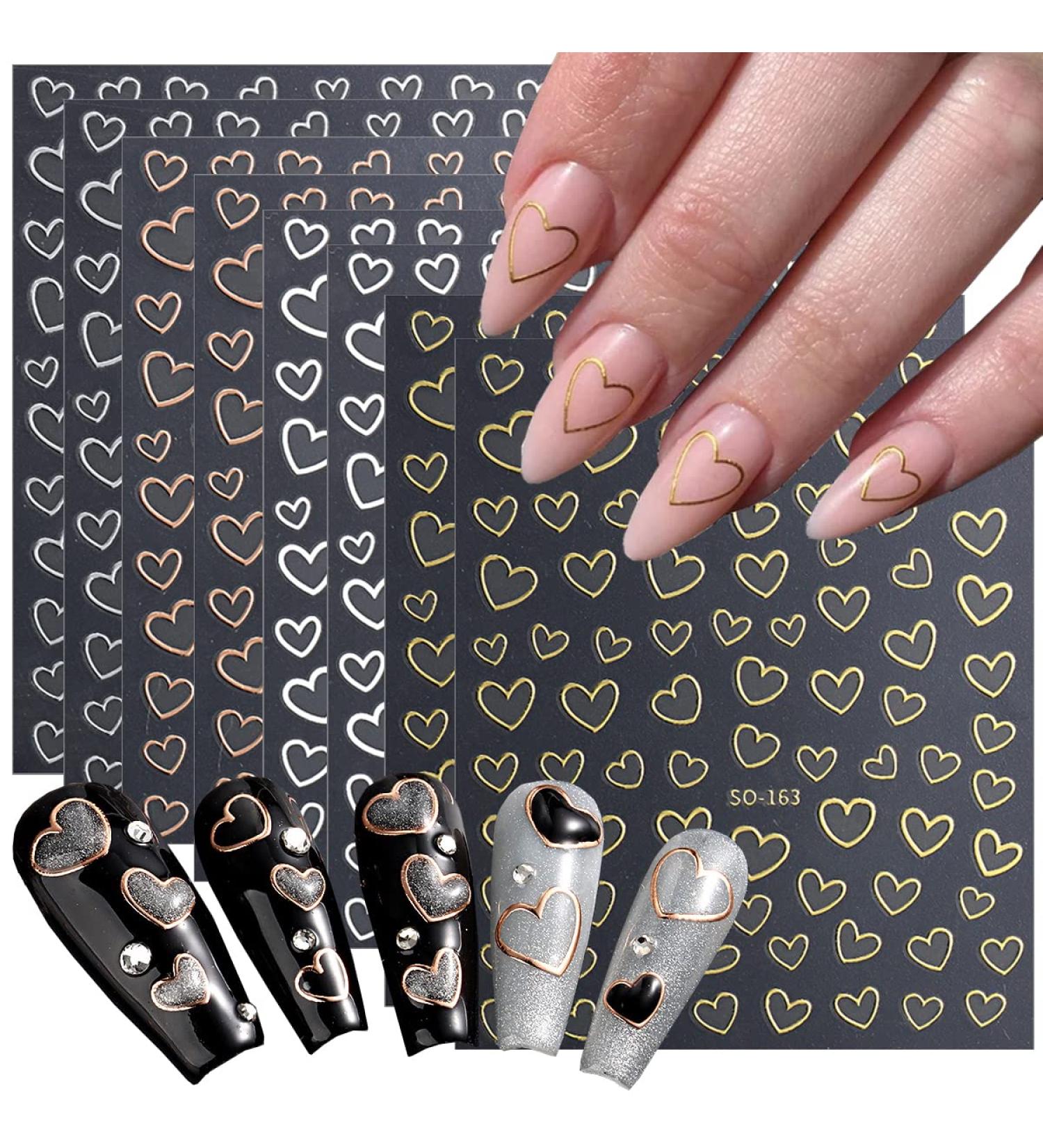 8 Sheets Metallic Heart Love Nail Decals - 3D Self-Adhesive Nail Stickers in Gold, Silver, Rose Gold, and White - French DIY Nail Decoration and Manicure Accessories for Women - Buy Online on GoSupps.com