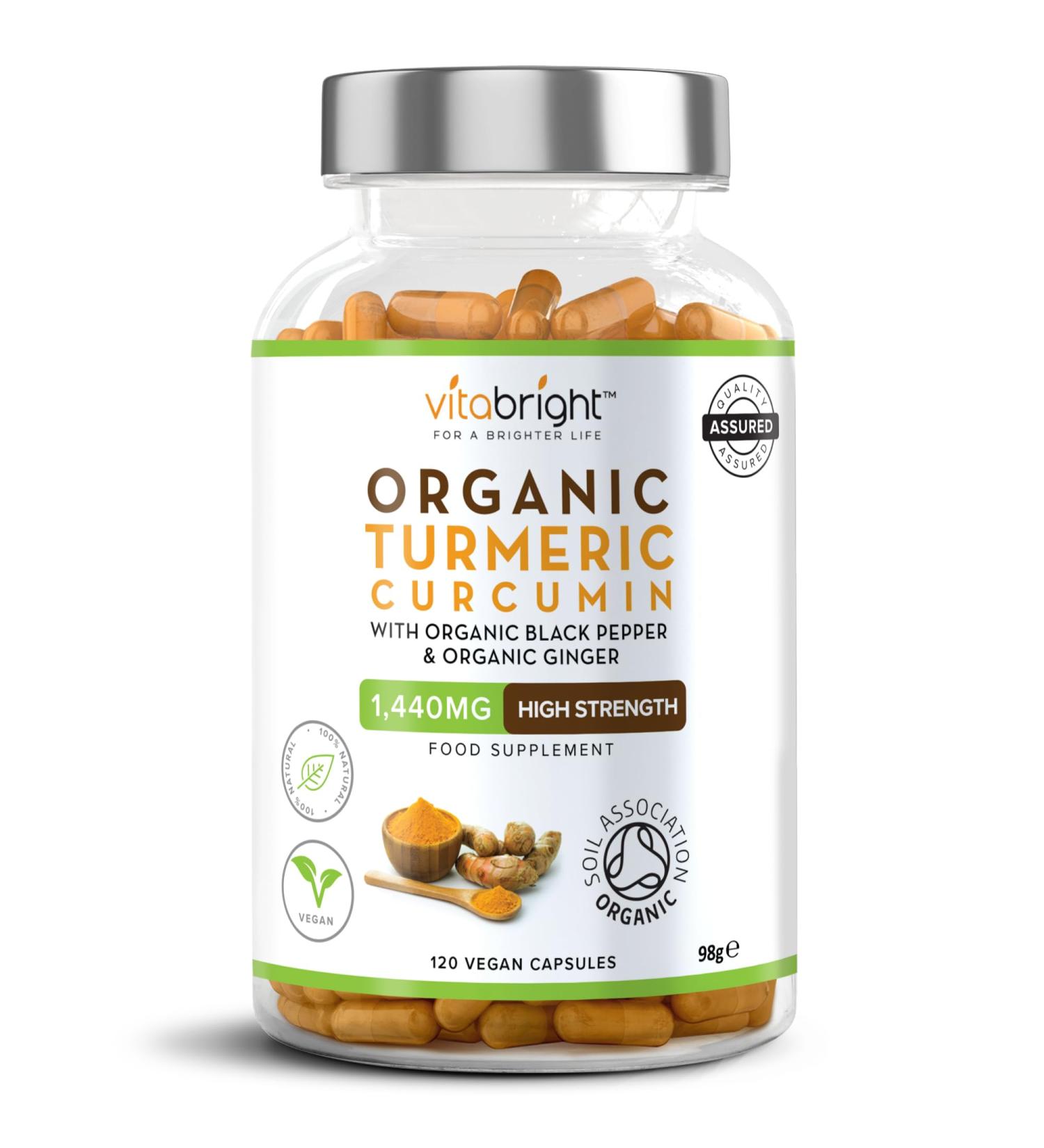 Organic Turmeric Curcumin 1440mg with Black Pepper & Ginger - Soil Association Certified - 120 Vegan Capsules - Made in UK by VitaBright - Buy Online on GoSupps.com