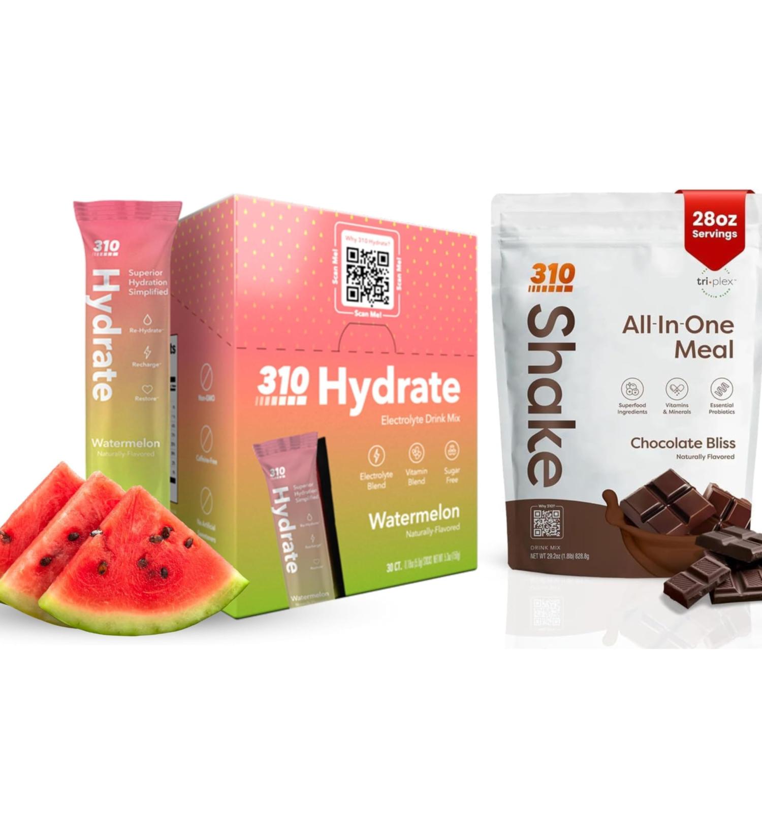 310 Shake Chocolate Bliss + Hydrate Watermelon Bundle Plant-Based Meal Replacement with Superfoods & Electrolytes Keto Friendly Sugar-Free 28 Shake Servings + 30 Hydration Packets - Buy Online on GoSupps.com