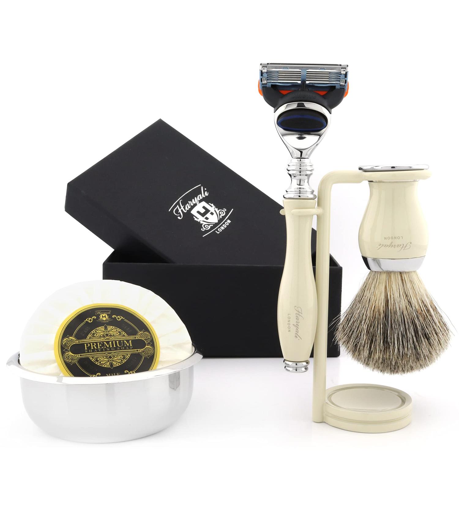 Premium Men's Shaving Set - 5 Blades Black Badger Brush Stand Stainless Steel Bowl & Soap | International Shipping - Buy Online on GoSupps.com