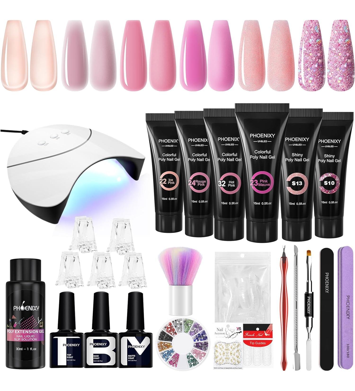 Phoenixy Poly Nail Gel Set - 6 Colors Starter Kit with UV Lamp & Slip Solution - DIY Manicure at Home - Buy Online on GoSupps.com