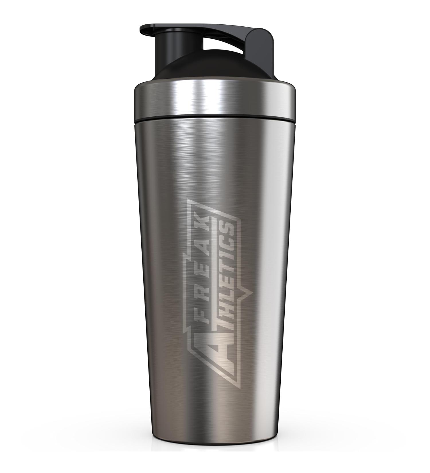 Freak Athletics Premium Insulated Stainless Steel Protein Mixer Shaker Supplement Bottle - Metal and BPA Free Brushed Steel (Stainless Steel)