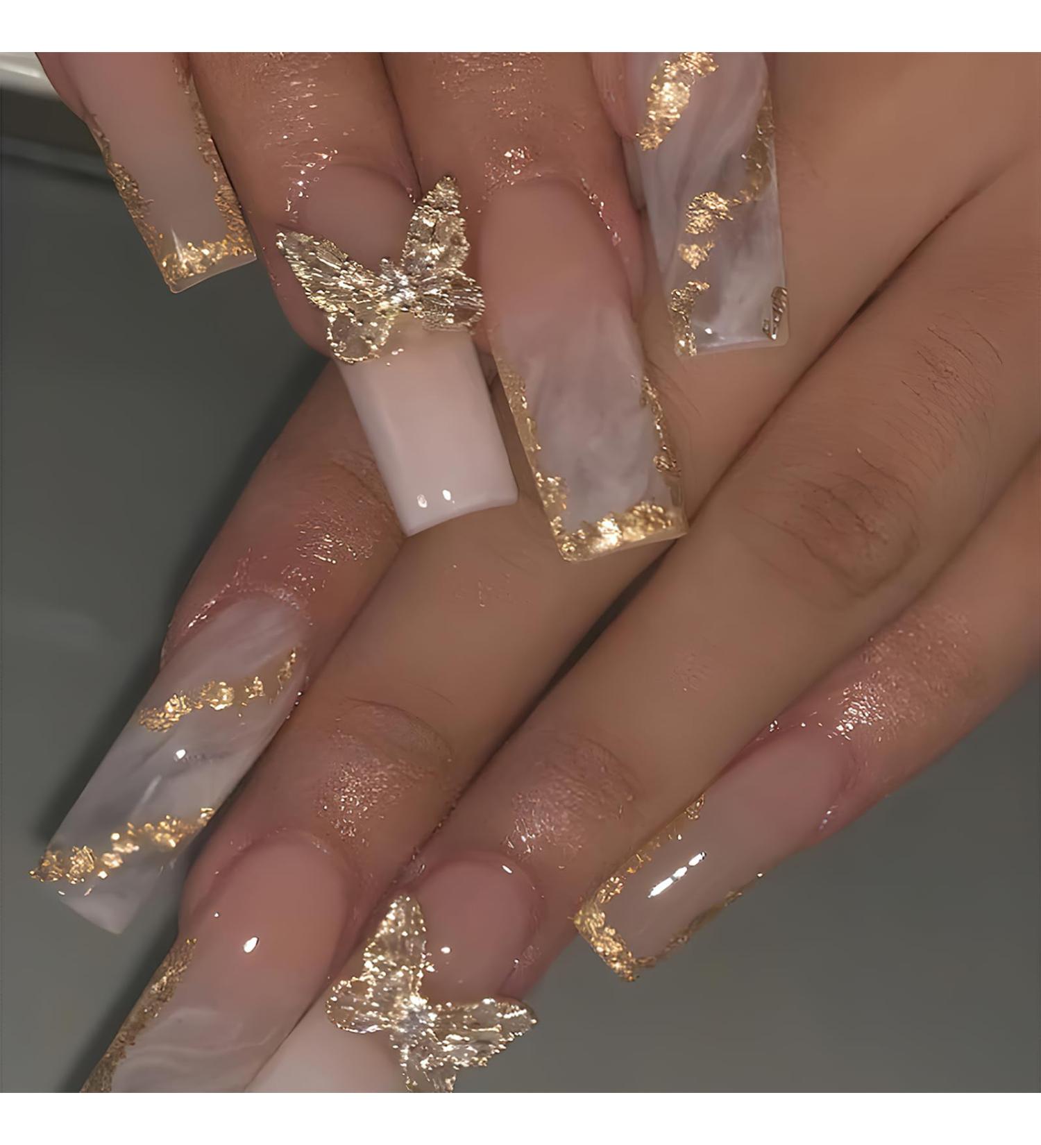 Gold Glitter Press on Nails - Long Square Glossy Ombre Acrylic with 3D Butterfly Designs | Reusable Bling Coffin Fake Nails | 24Pcs for Women - Buy Online on GoSupps.com