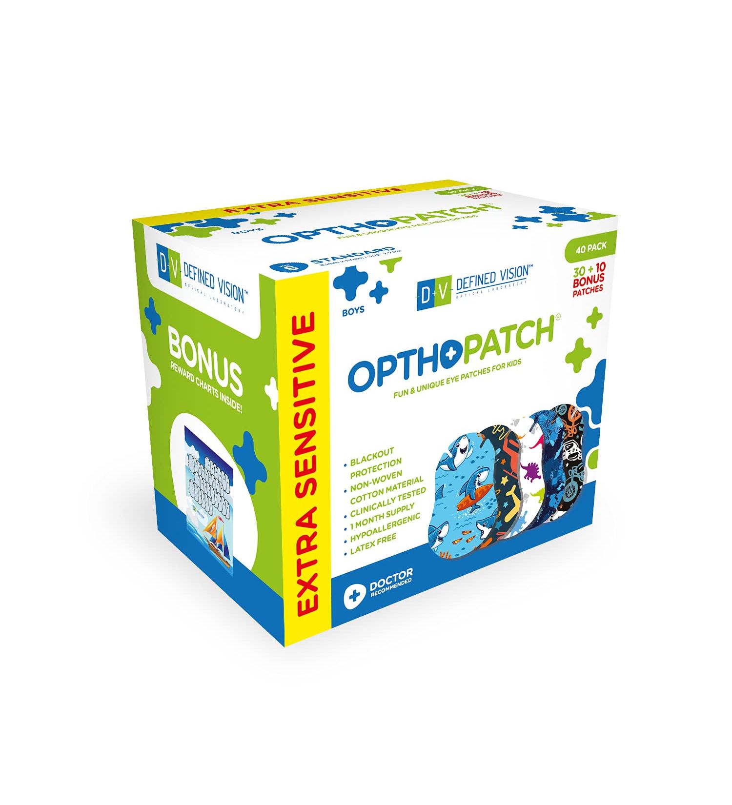 OPTHOPATCH Kids Eye Patches - Boys Fun Design - 40 Latex Free Hypoallergenic Cotton Patches for Amblyopia & Cross Eye- with 3 Reward Chart Posters - Buy Online on GoSupps.com