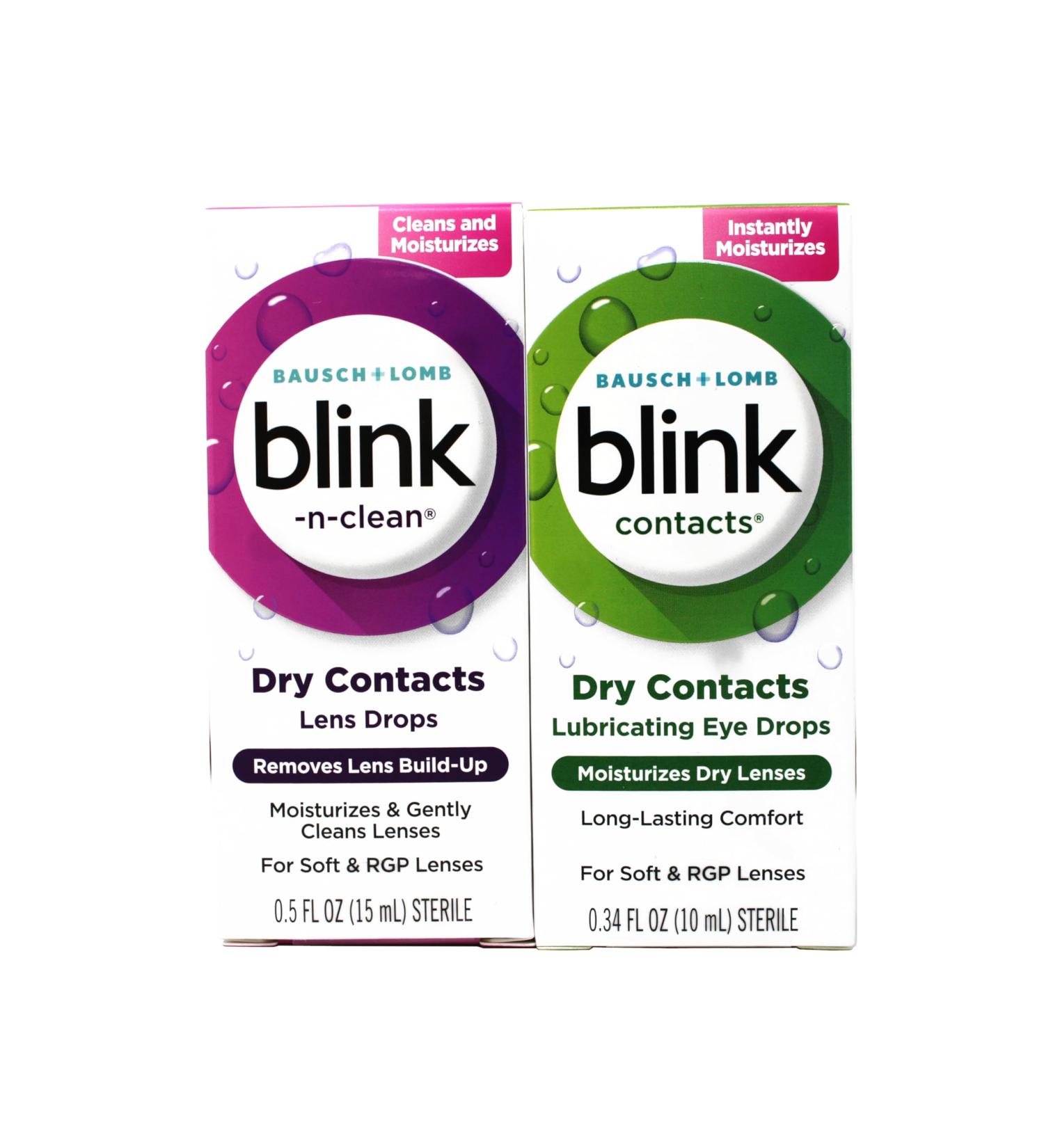 Blink Contacts Lubricating Eye Drops 0.34 fl oz and Blink-N-Clean Lens Drops 0.5 fl oz Dual Moisturizing and Lens Cleaning Solution for Soft & RGP Lenses - Buy Online on GoSupps.com