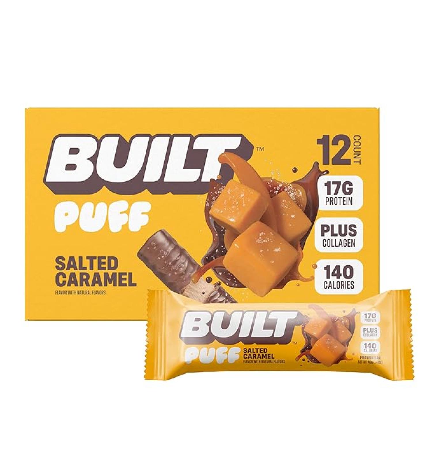 BUILT Protein Bars, Salted Caramel Puff, 12 bars, Protein Snacks, 17g of Protein, Collagen, Chocolate Protein Bar with only 140 calories & 6g sugar, Gluten Free, Great Protein Snack - Buy Online on GoSupps.com