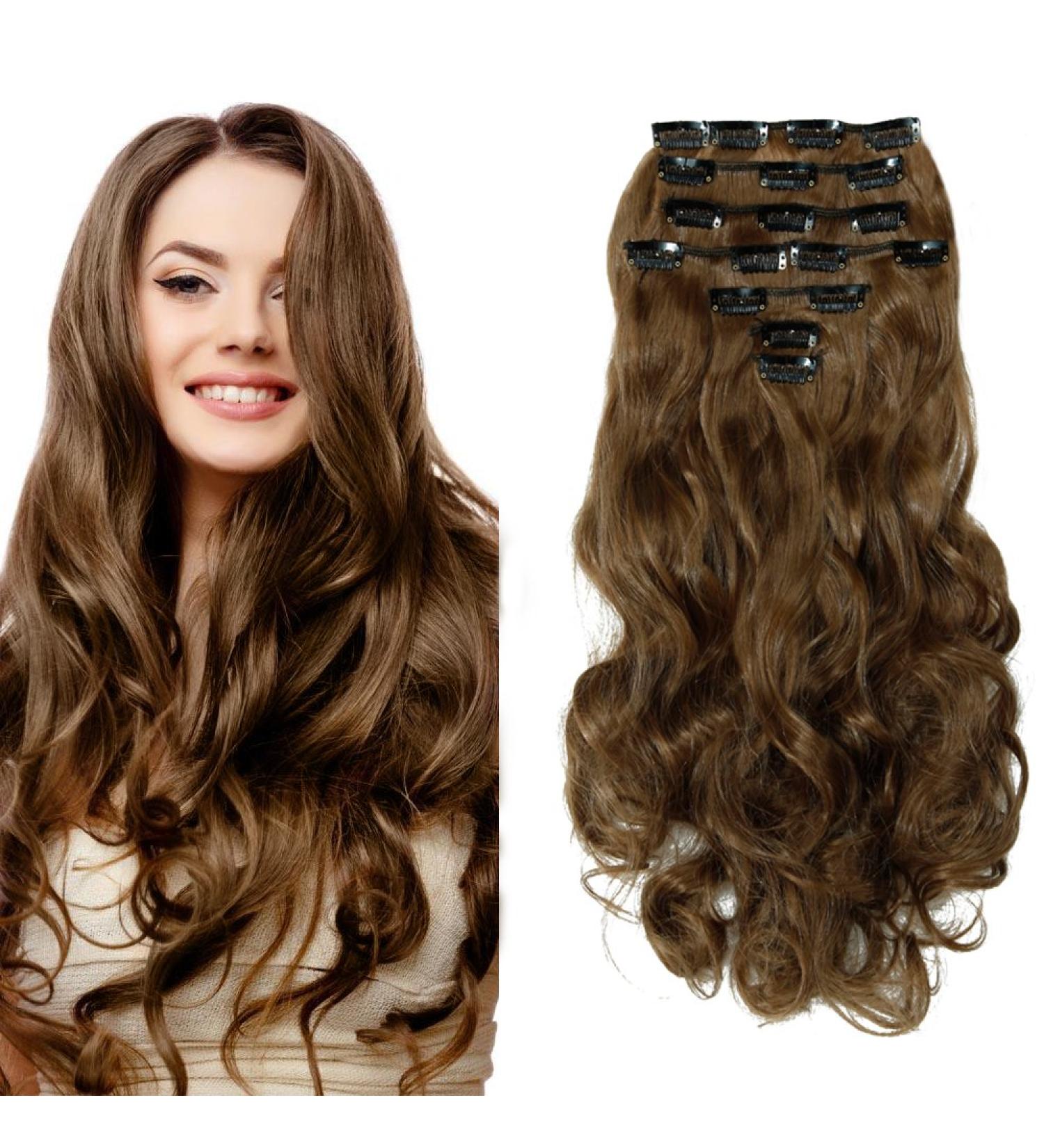  Light Brown Clip in Hair Extensions 8 Pieces Curly Full Head Hair Pieces 17" Inch Synthetic Fibre Hair Set Clip In Hair Extension - Buy Online on GoSupps.com
