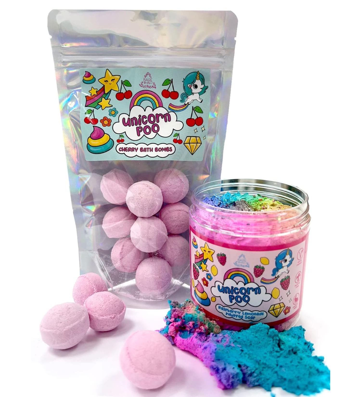 Unicorn Poo Double Pack. 12 Mini Cherry Scented Bath Bombs and Raspberry Lemonade Scented Whipped Soap. Birthday Gift for Girls Kids Bath Set. Kids Soap. Unicorn Poo Gift Set With Whipped Soap