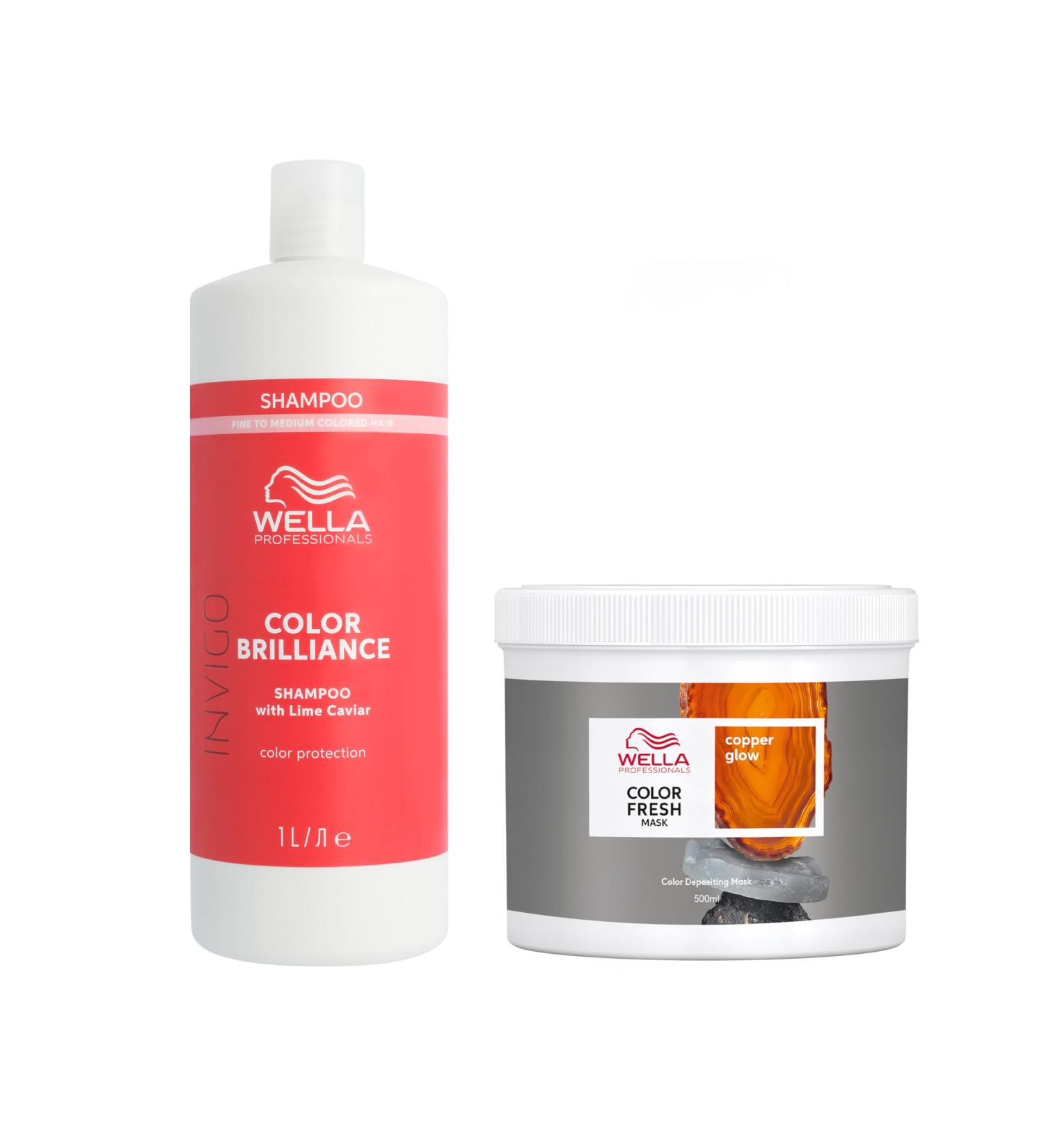 Wella Professional Color Fresh Mask Temporary Color Refresh Treatment Semi-Permanent Hair Dye Hair Gloss Treatment for Copper Hair Copper Glow Hair Dye & Invigo Color Brilliance Colour Protection Shampoo 1l - Buy Online on GoSupps.com