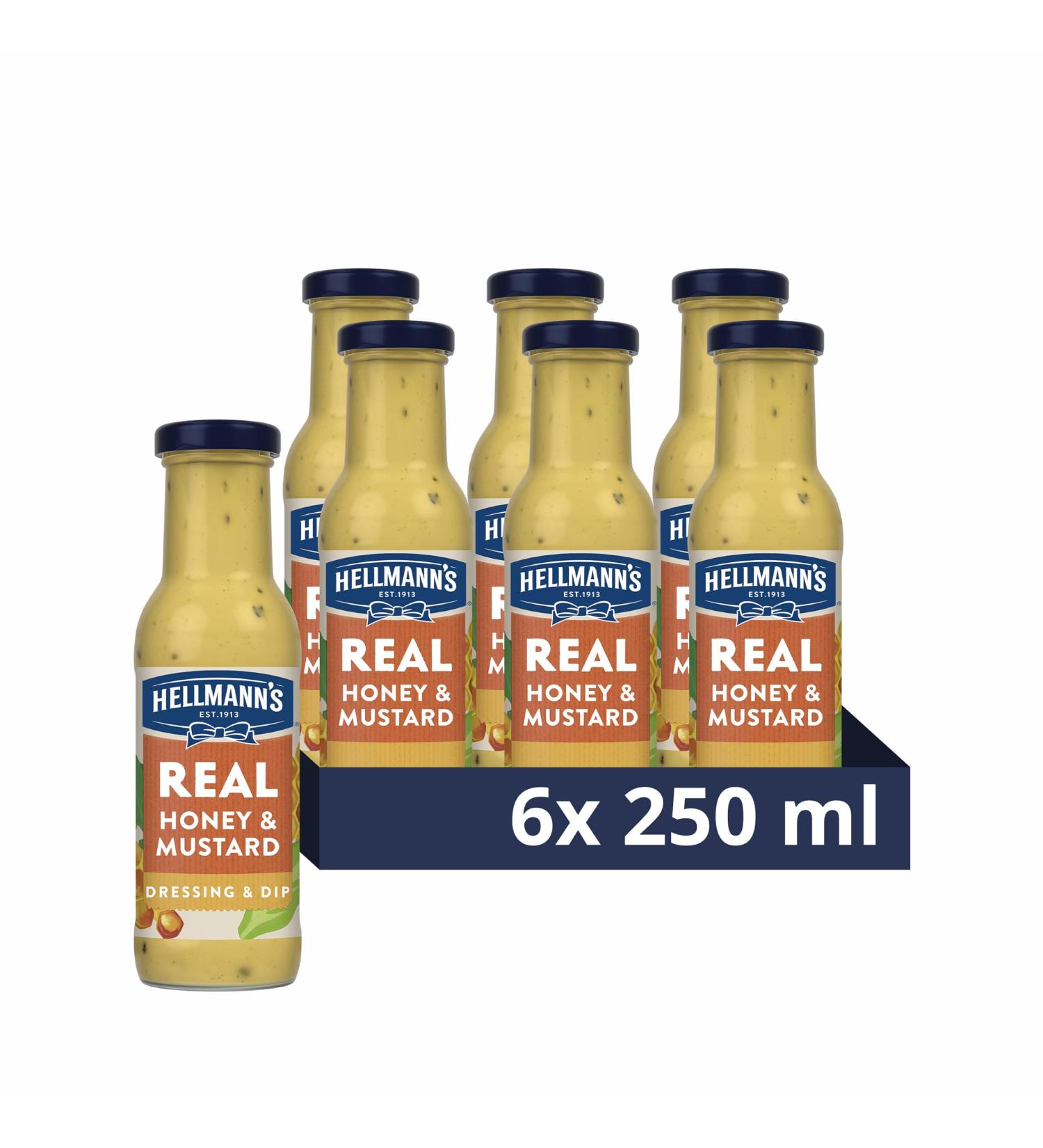 Hellmann's Real Honey & Mustard Salad Dressing & Dip vegetarian condiment free from artificial colours and flavours for salads dips and drizzling over vegetables or meat 6x 250 ml - Buy Online on GoSupps.com