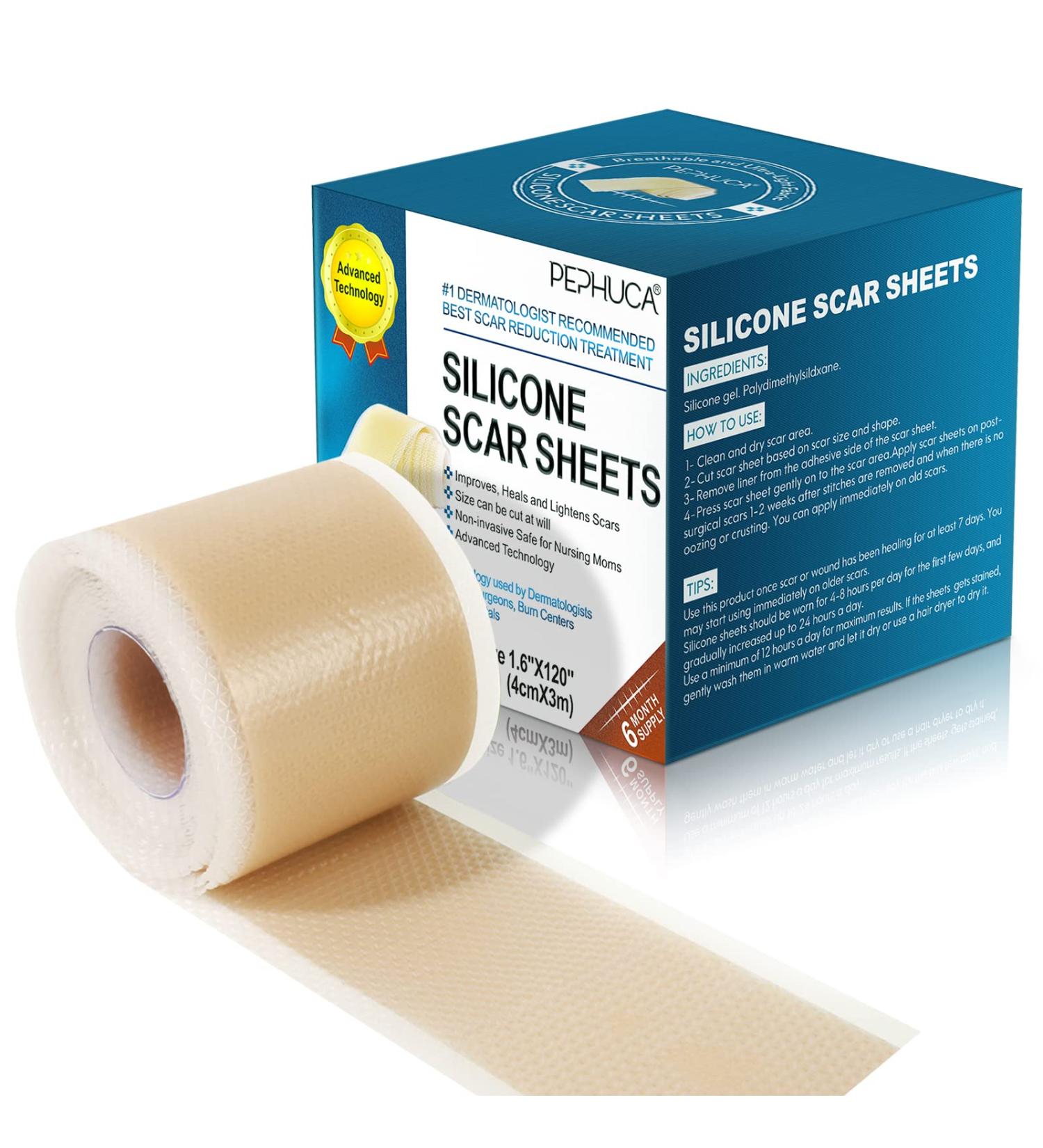 Medical Grade Silicone Scar Sheets - 1.6 x 120 Inch - For Old & New Scars - Safe & Painless Scar Removal - Face, Body, Surgery, C-Section, Keloid, Burn - 7 Months Supply - Buy Online on GoSupps.com