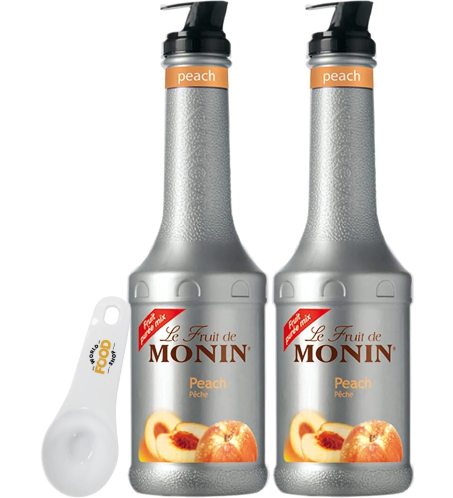 Monin Peach Puree 1L Bottle of 2 with World Food Shop Scoop - Premium Quality Fruit Puree for Cocktails Mocktails Smoothies - Ideal for Bars Restaurants Home Use! - Buy Online on GoSupps.com