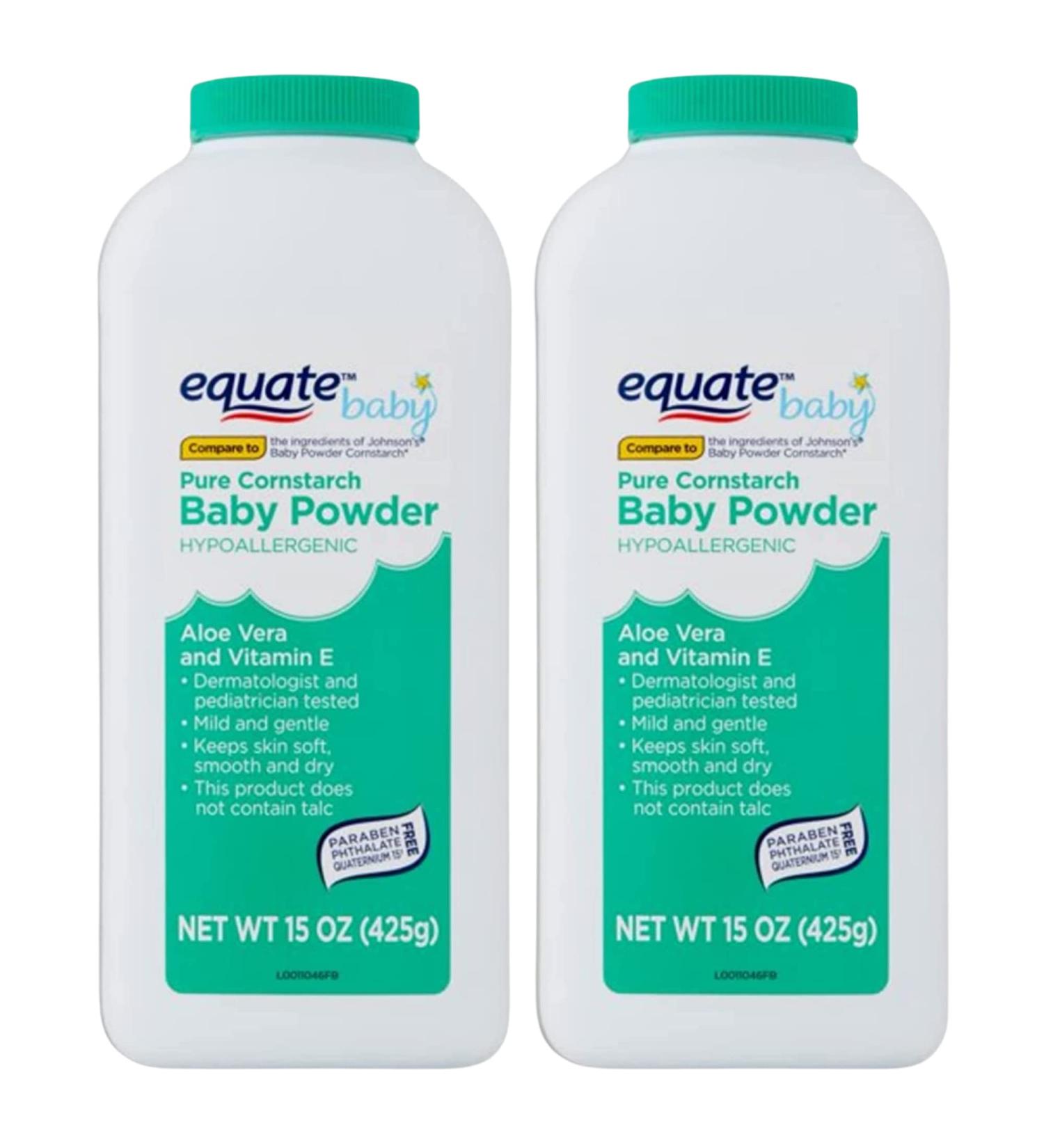 Pure Cornstarch Baby Powder Bundle. Includes Two 15oz Canisters of Equate Hypoallergenic Pure Cornstarch Baby Powder with Aloe Vera and Vitamin E Plus a Carefree Caribou Pink Compressed Facial Sponge! - Buy Online on GoSupps.com