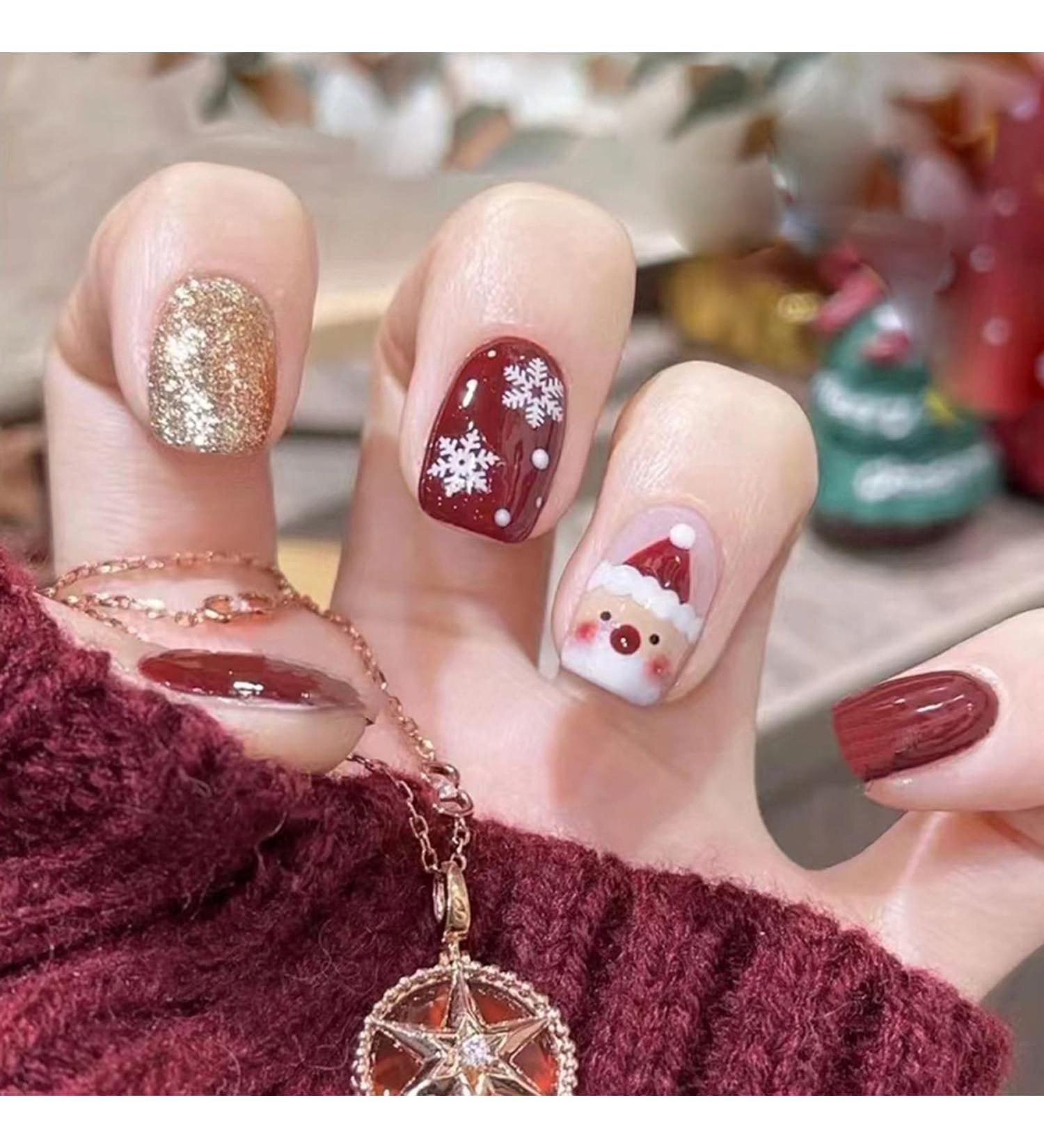 Christmas False Nails Set - 24Pcs Red Short Square Press on Nails with Santa & Snowflake Xmas Glitter. Perfect for Women & Girls Festival Holiday Nail Art - Buy Online on GoSupps.com