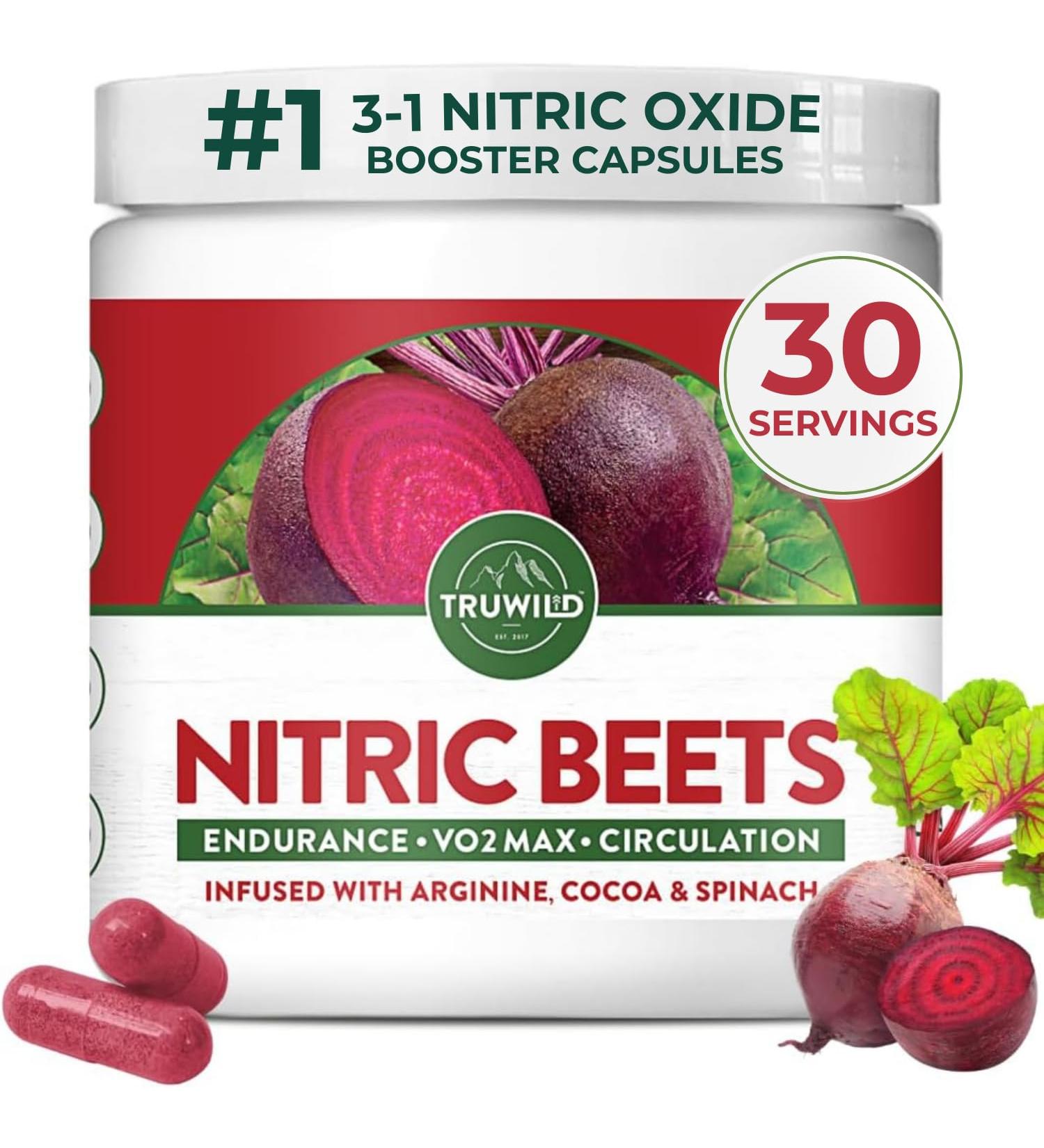 TruWild All Natural Beet Root Powder - Vegan Nitric Oxide Booster - 1000mg Superfood Capsules - Supports Health & Performance - 30 Servings - Buy Online on GoSupps.com