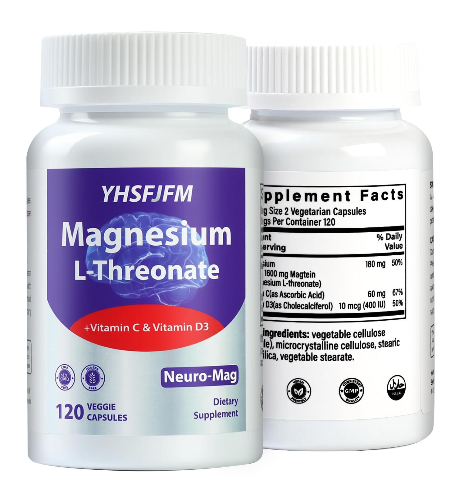 YHSFJFM 2000mg Magnesium L-Threonate with Vitamin C & D3-120 Vegetarian Caps (2-Month Supply) - High Absorption Complex - Non-GMO Gluten/Soy-Free - Supports Bone Health Relaxation & Wellness - Buy Online on GoSupps.com