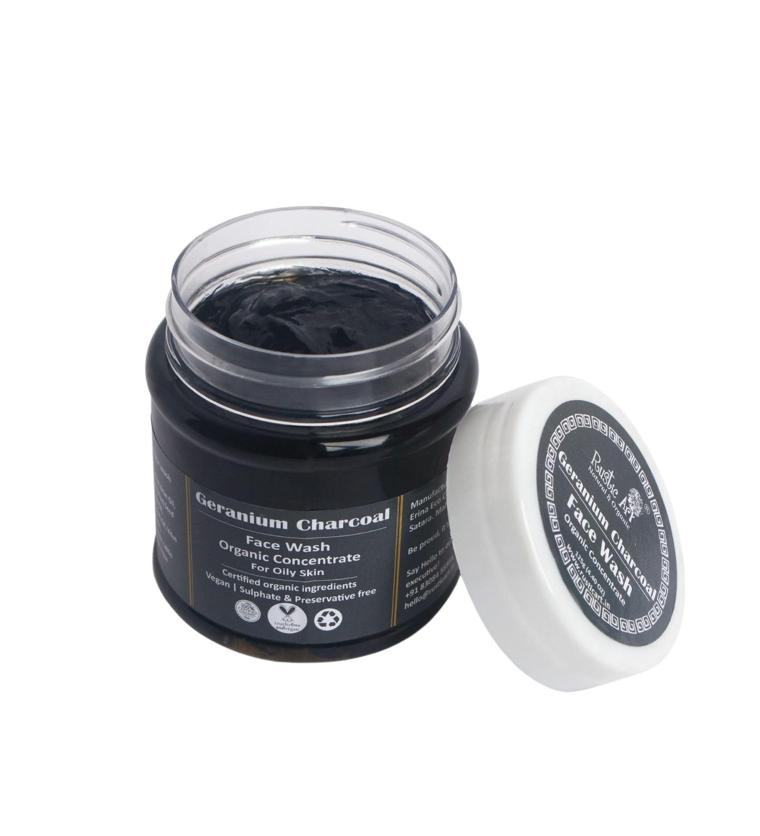 Rustic Art Organic Geranium Charcoal Face Wash Concentrate | Deep Pore Cleansing Blackhead Removal | Natural Geranium Peppermint Activated Charcoal | Sulfate Free | Oily Skin | 125g - Buy Online on GoSupps.com