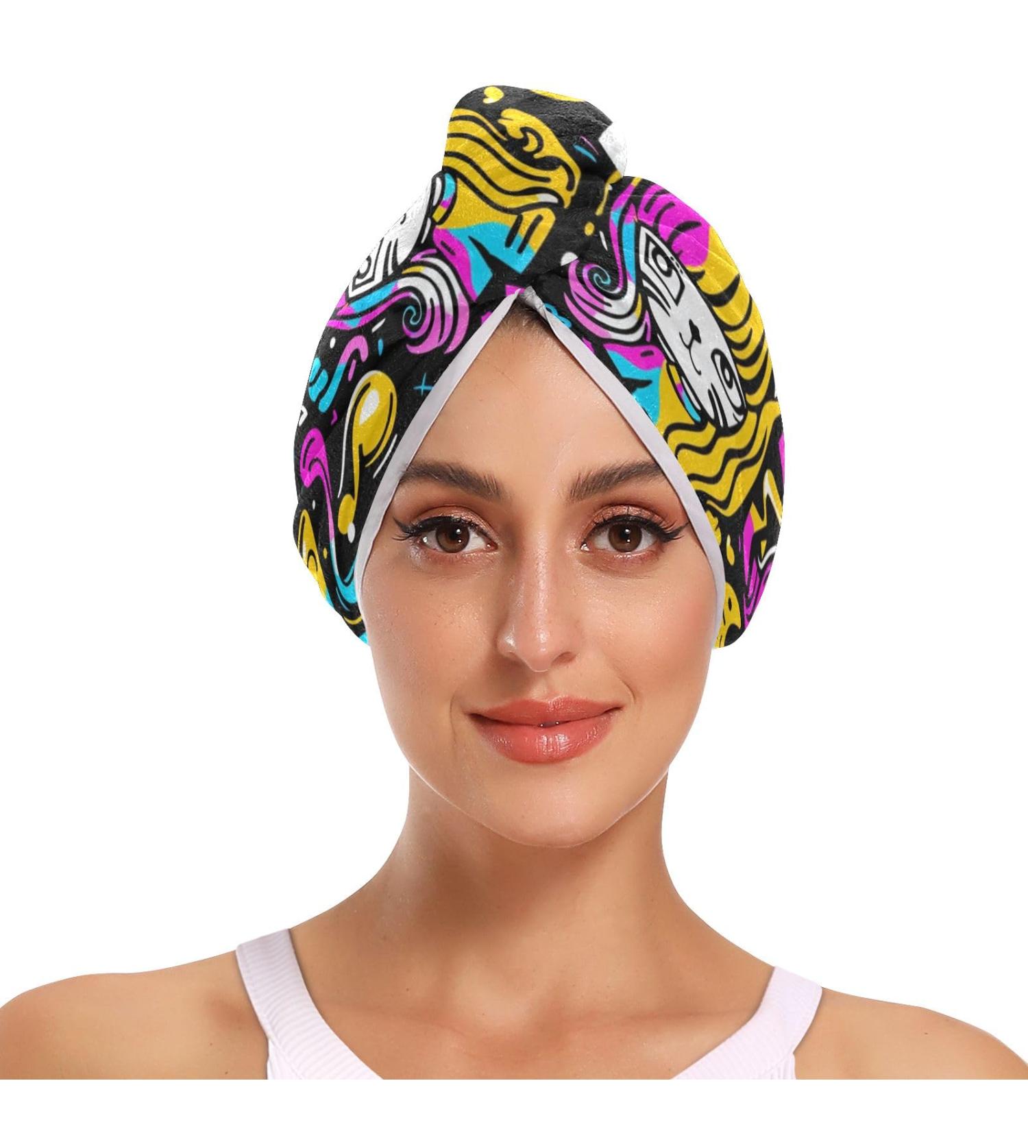 Super Absorbent Cat Graffiti Hair Towel 2 Pack | Quick Dry Hair Turbans for Women & Girls - Ideal Hair Drying Solution - Buy Online on GoSupps.com