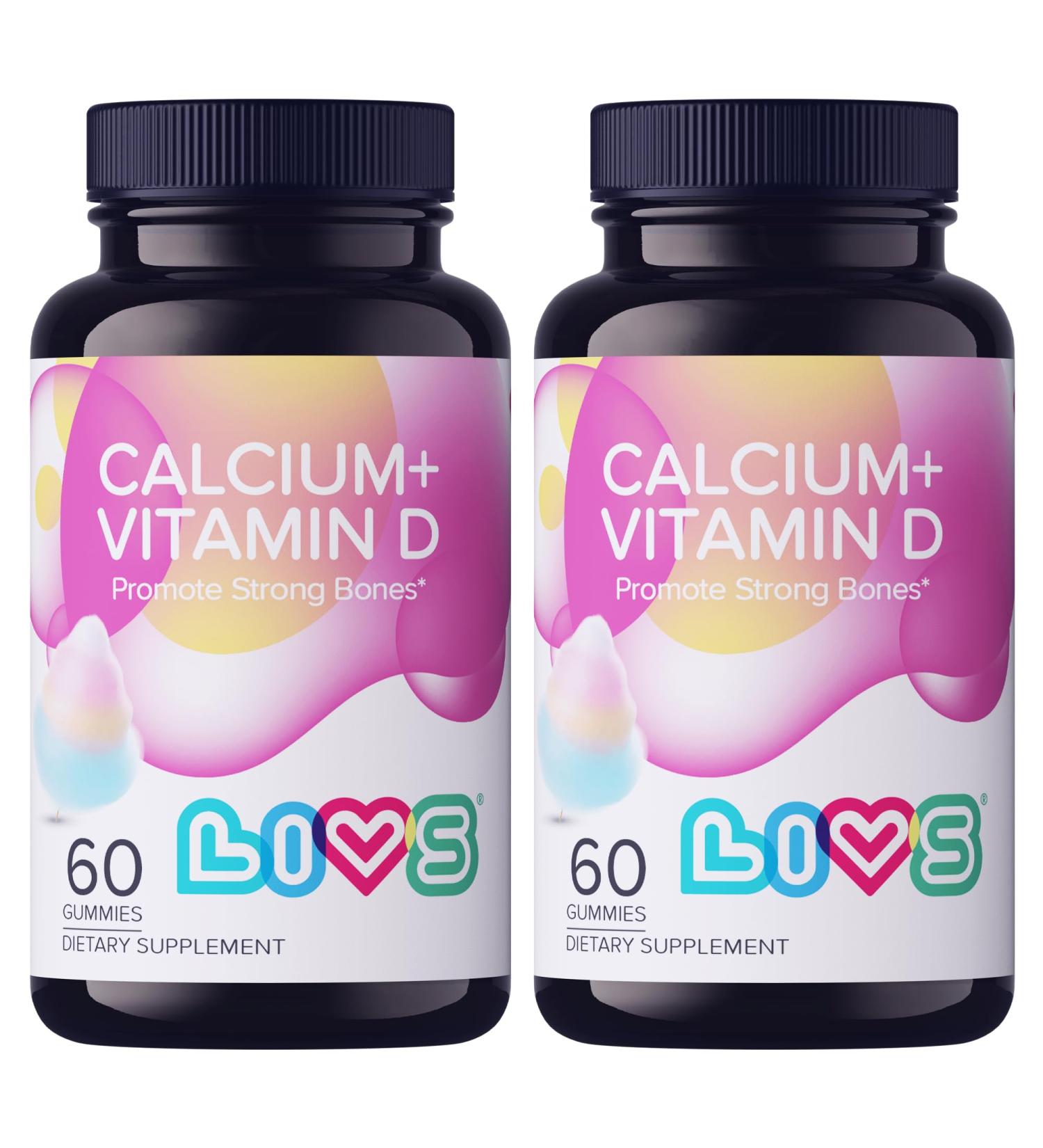 LIVS Calcium & Vitamin D3 Gummies for Adult & Kids 170mg Calcium & 1000 IU Vitamin D3 Supplement for Immune Support Bone & Teeth Health | Cotton Candy Flavor | Gluten-Free | 120 Count/60 Servings Calcium & Vitamin D 60 C  - Buy Online on GoSupps.com