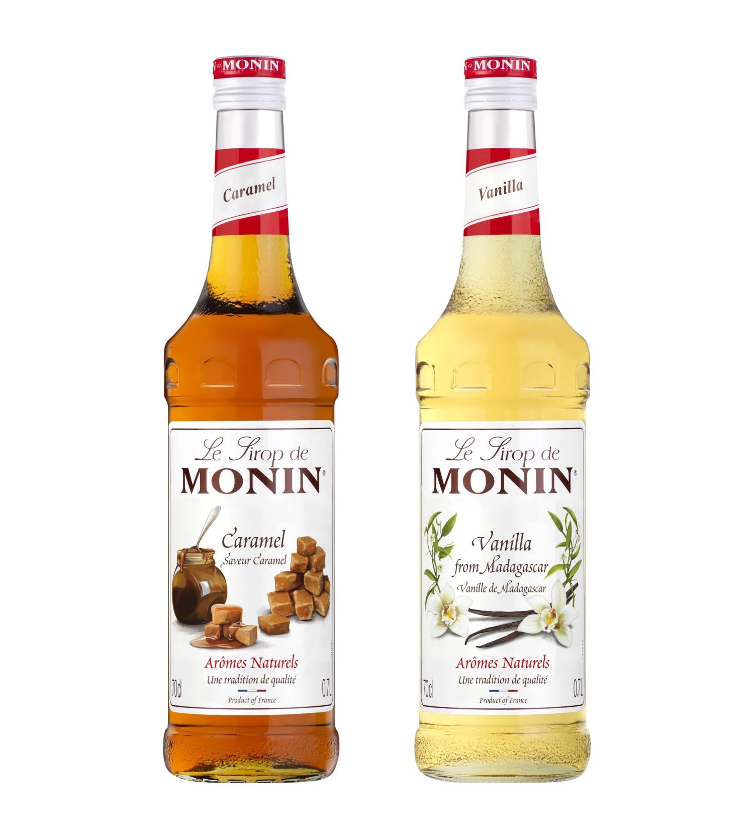 MONIN - Assorted Caramel Syrup and Vanilla Syrup for Coffee Cappuccino Latte and Hot Chocolate - Natural Flavors - 2x70cl - Buy Online on GoSupps.com