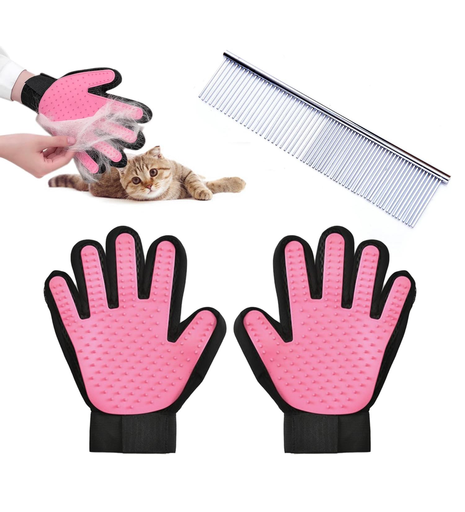 Timjjg Pink Hair Removal Gloves & Stainless Steel Nursing Comb for Cats & Dogs | Pet Massage & Litter Cleanup - Buy Online on GoSupps.com