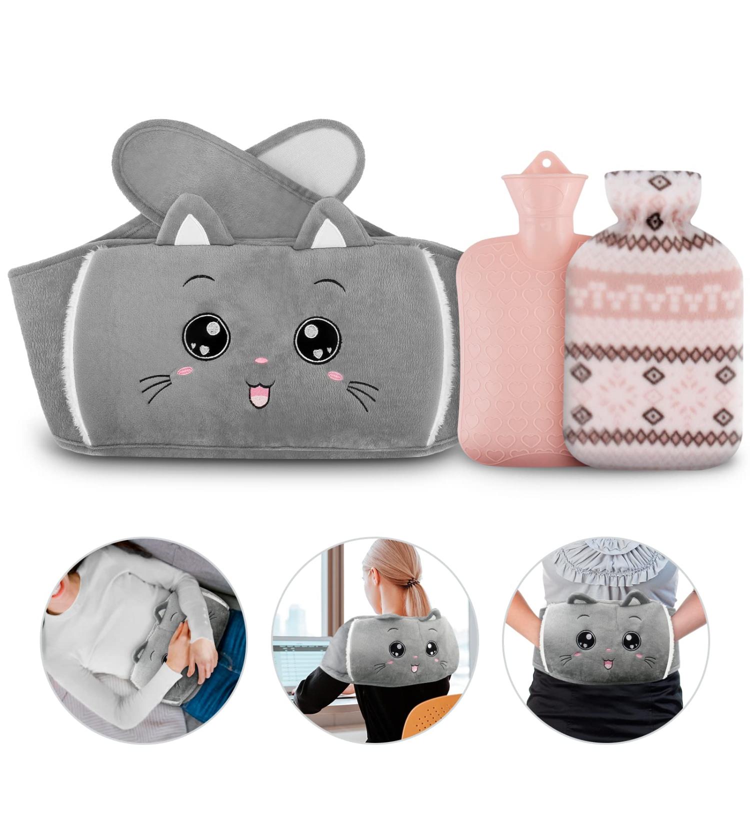 NAJILI 1L Hot Water Bottle Set - Gray Cat | Rubber Heat Bottle with Covers & Heating Belts for Neck Shoulder Back Feet & Waist Perfect for Kids & Adults - Buy Online on GoSupps.com