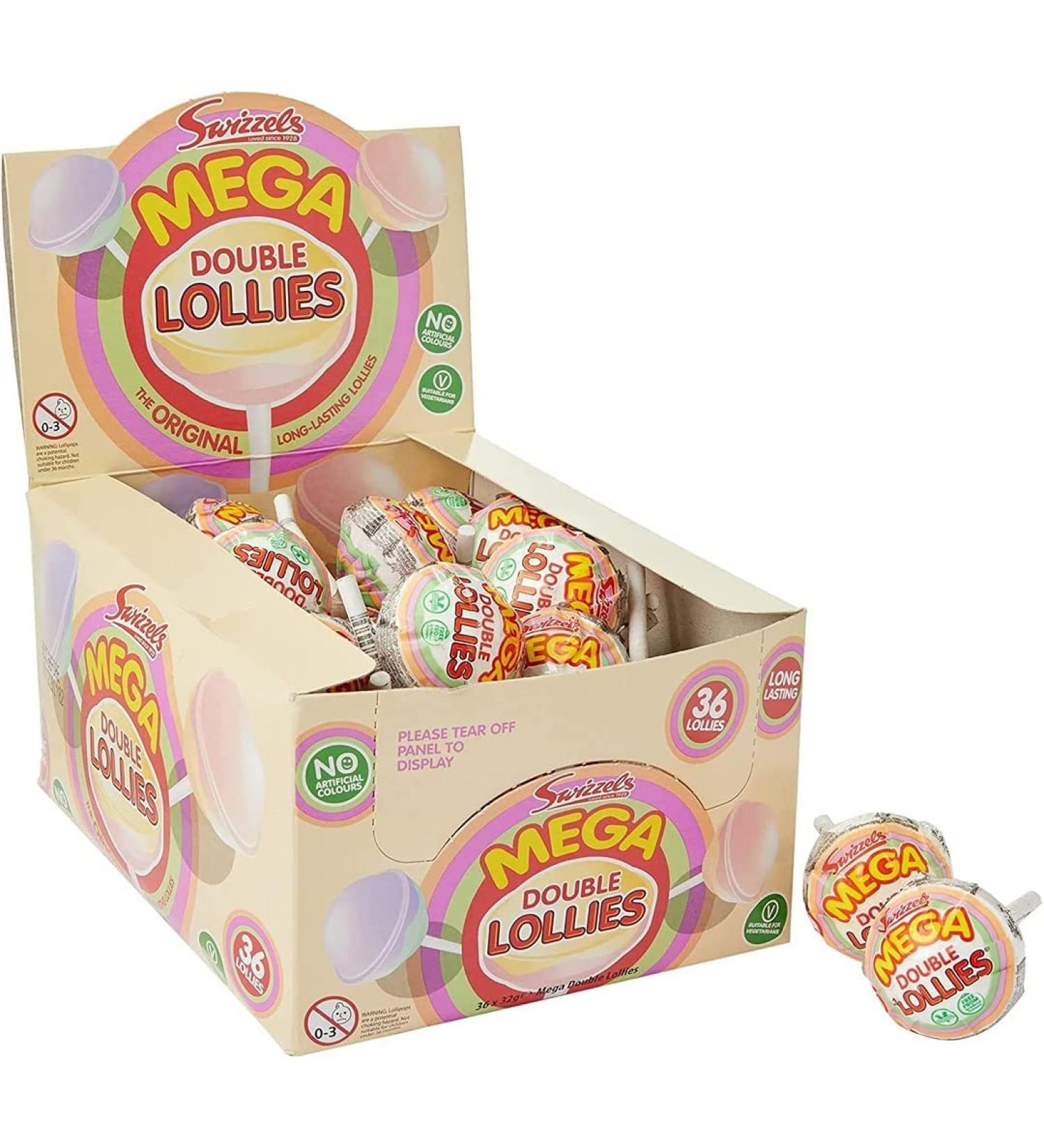 Swizzels Vegetarian Mega Double Lollies Sweets - 36x 32g Fruit Flavour Long Lasting Lollipops Candy