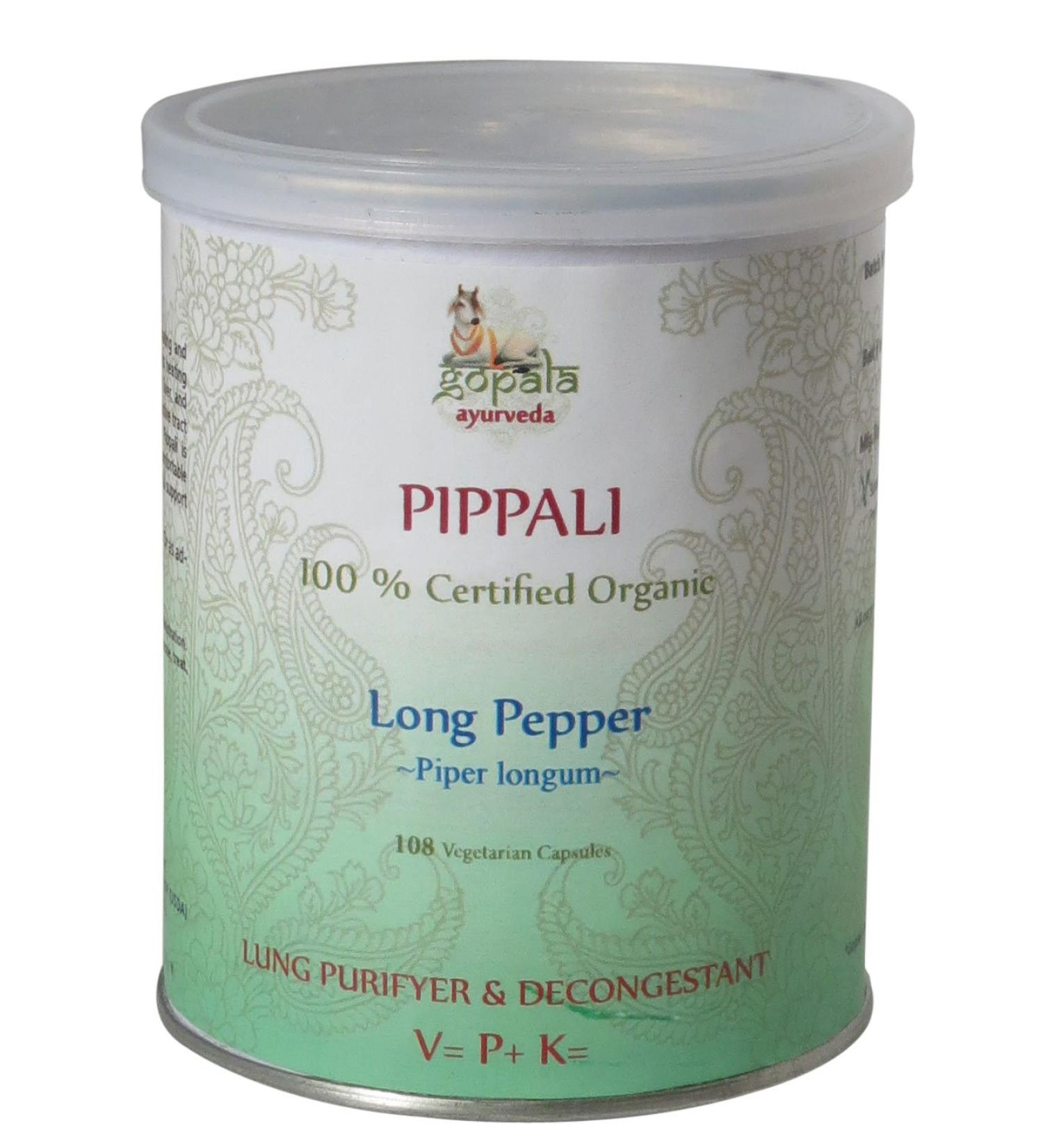 Organic Pippali Capsules (USDA CERTIFIED ORGANIC) Piper longum - 108V-Caps of 500mg each by Gopala Ayurveda