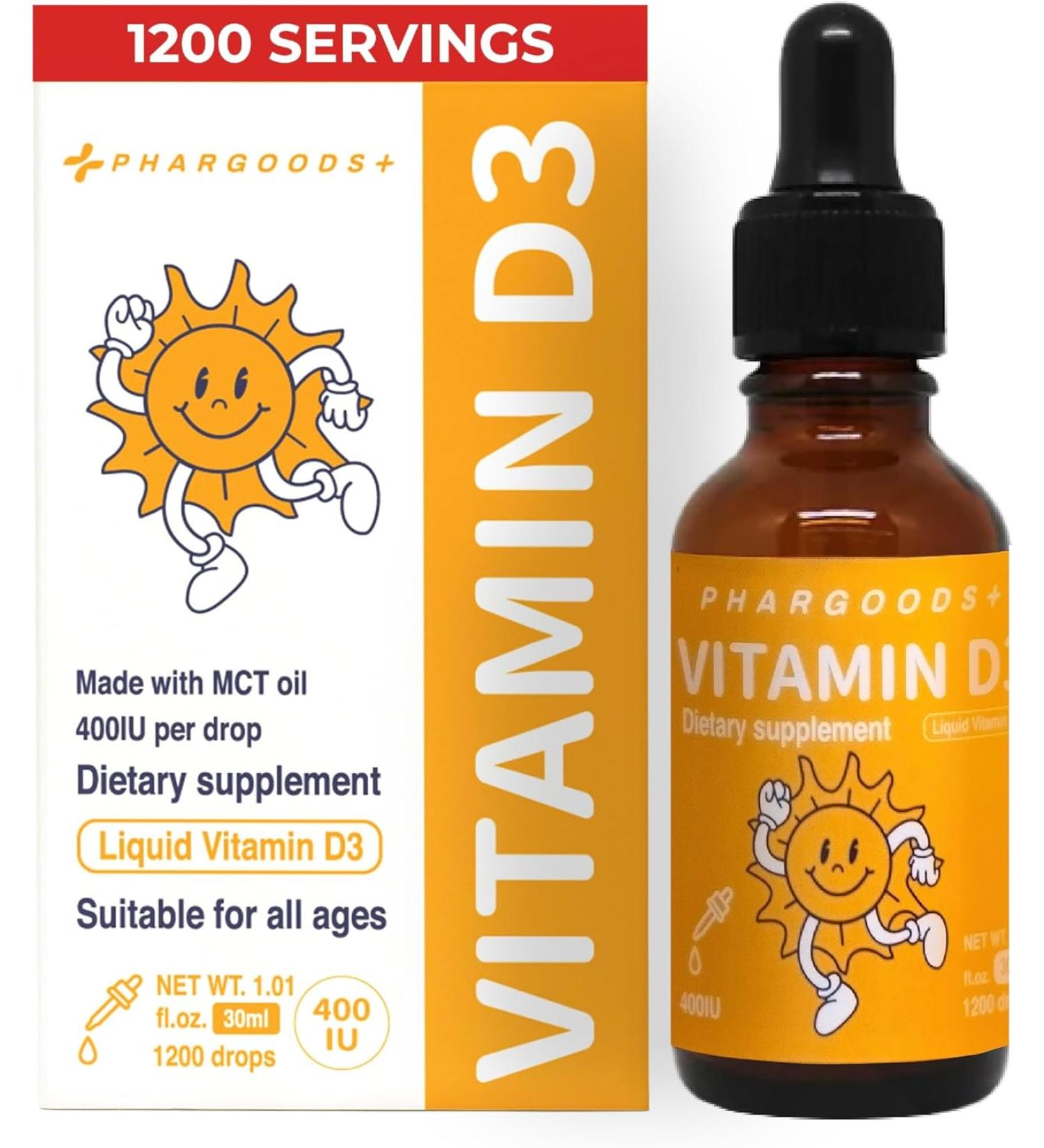 PHARGOODS Baby Vitamin D3 Drops 400 IU per Drop Safe for Newborns & Kids upports Immune&Bone Health 1200 Servings -1.01 Oz - Buy Online on GoSupps.com