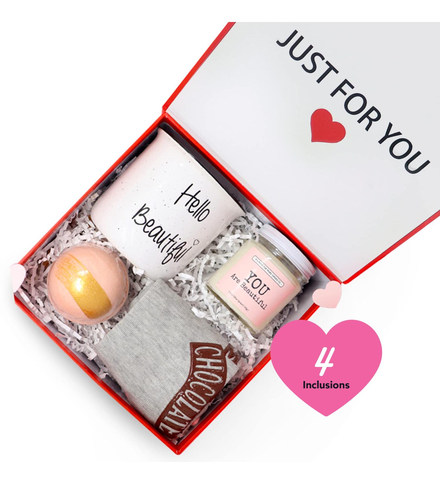 Milky Chic Hello Beautiful Self Care Gift Box for Women | Valentine's Day Gift Set with Mug Socks Bath Bomb & Soy Candle - Buy Online on GoSupps.com