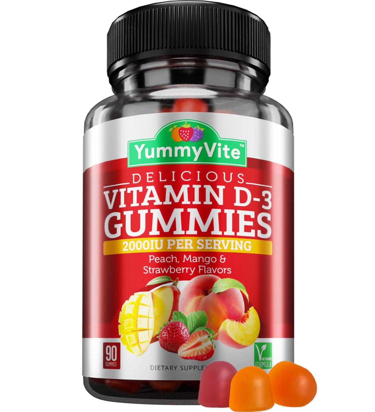 YUMMYVITE Vitamin D3 Gummies - 90 Count | Peach Mango Strawberry Flavor | Immune Support Supplement | Vegetarian Formula - Buy Online on GoSupps.com
