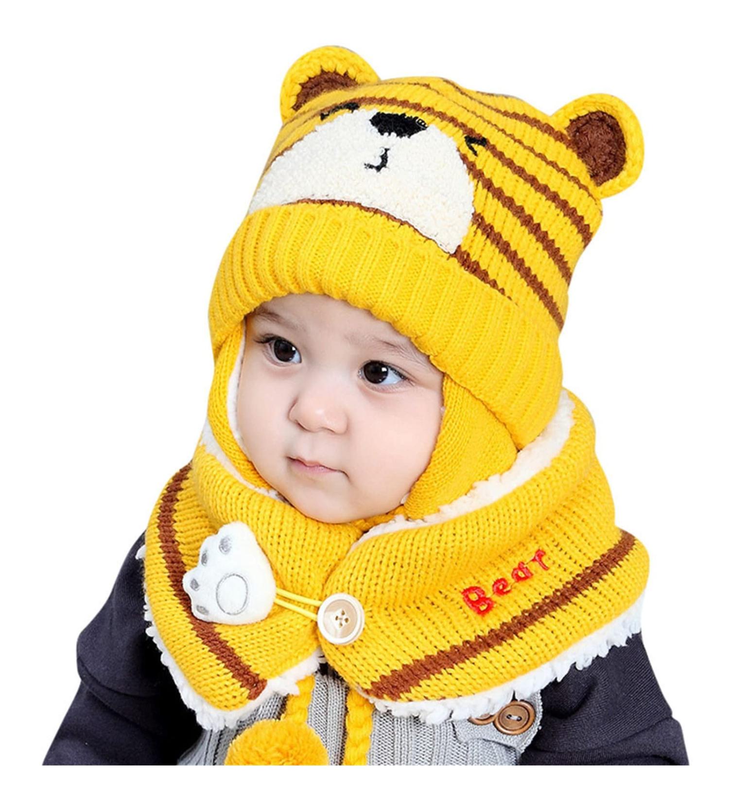 Baby Balaclava Kids Winter Hat Scarf with Double Pom Pom Design - F-Yellow - Buy Online on GoSupps.com
