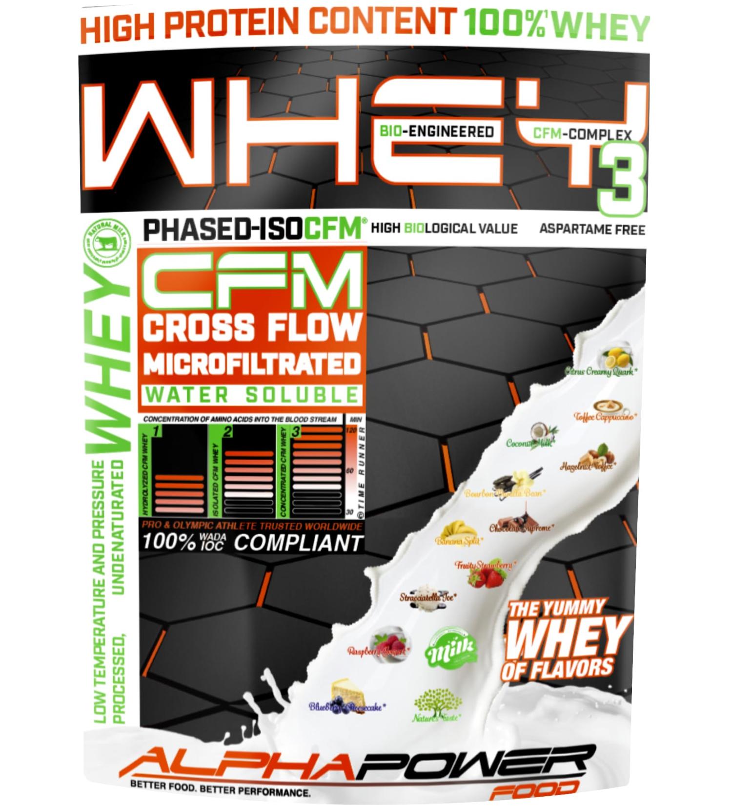 ALPHAPOWER FOOD 100% * Pure CFM Whey Protein Isolate Whey Protein Powder 1kg Chocolate 3 Bio-Enginated Without Aspartame Excellent Solubility & BCAAs - Buy Online on GoSupps.com