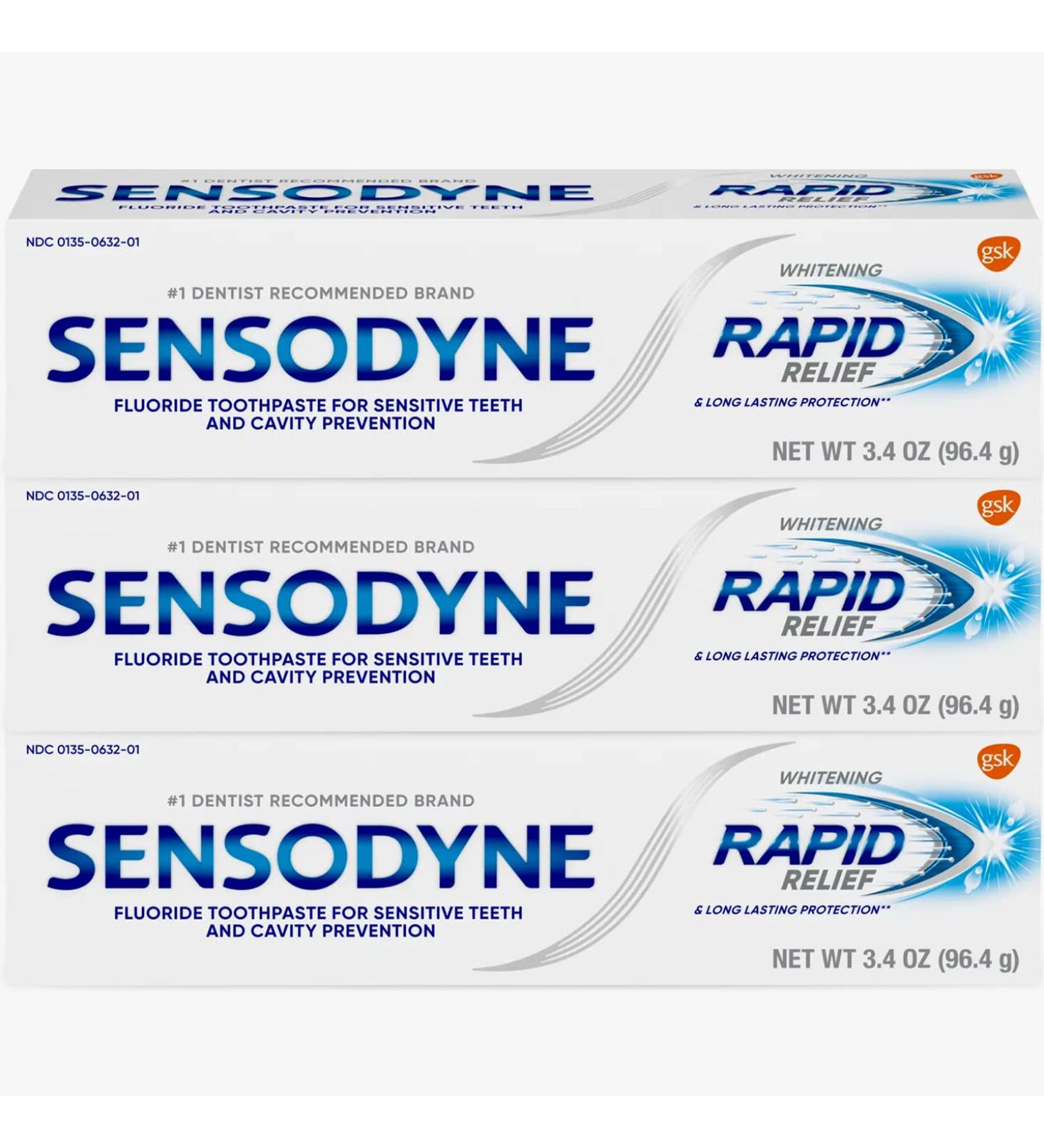 Sensodyne Fluoride Whitening Toothpaste Rapid Relief and Long Lasting Protection for Sensitive Skin 3.4 Ounce (Pack of 3)