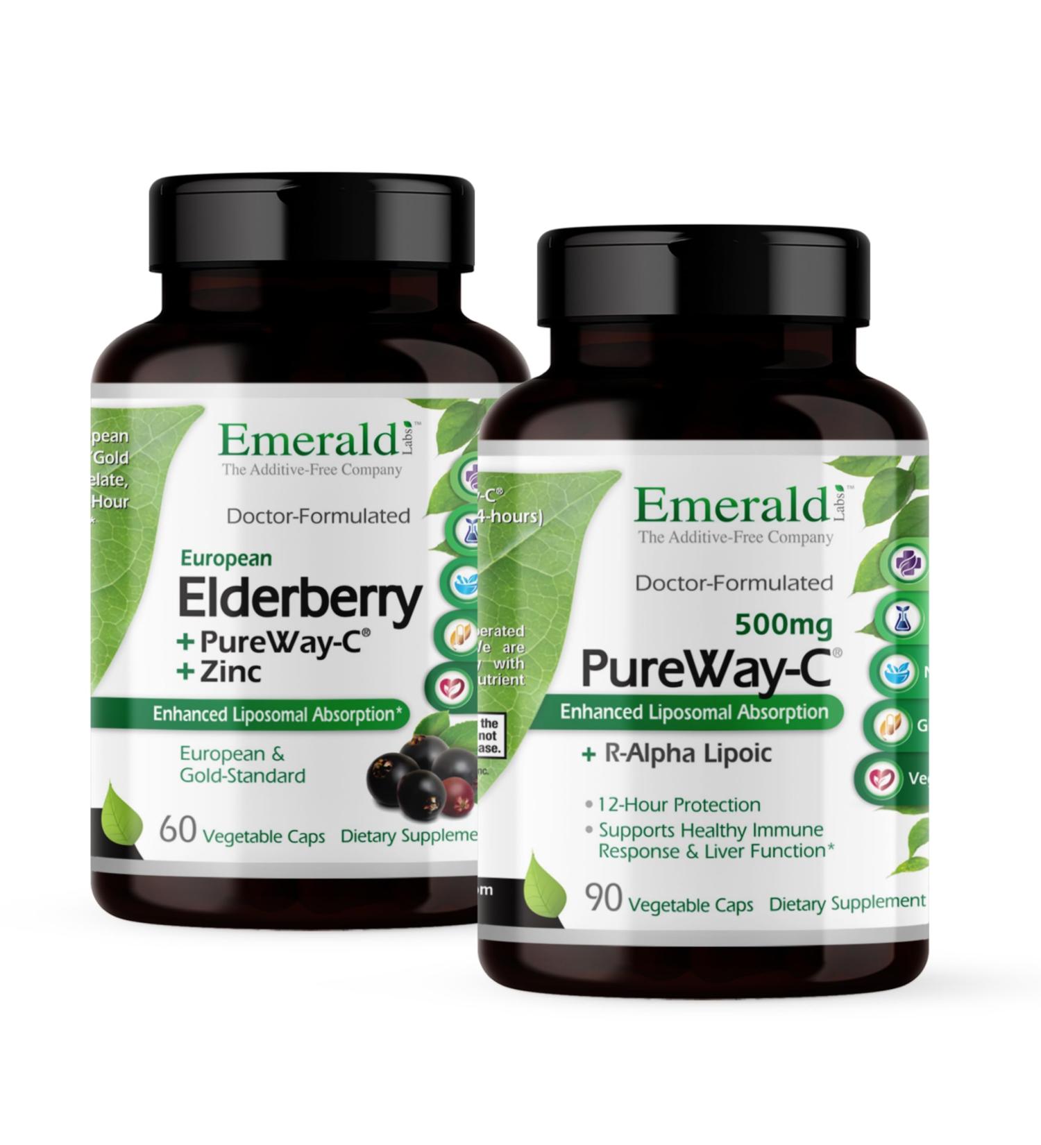 EMERALD LABS Bundle with Elderberry Plus (60 Veg Caps) & PureWay-C (90 Veg Caps) - Digestive & Immune Support with European Elderberry Extract Vitamin C Albion Chelated Zinc & R-Alpha Lipoic Acid* - Buy Online on GoSupps.com