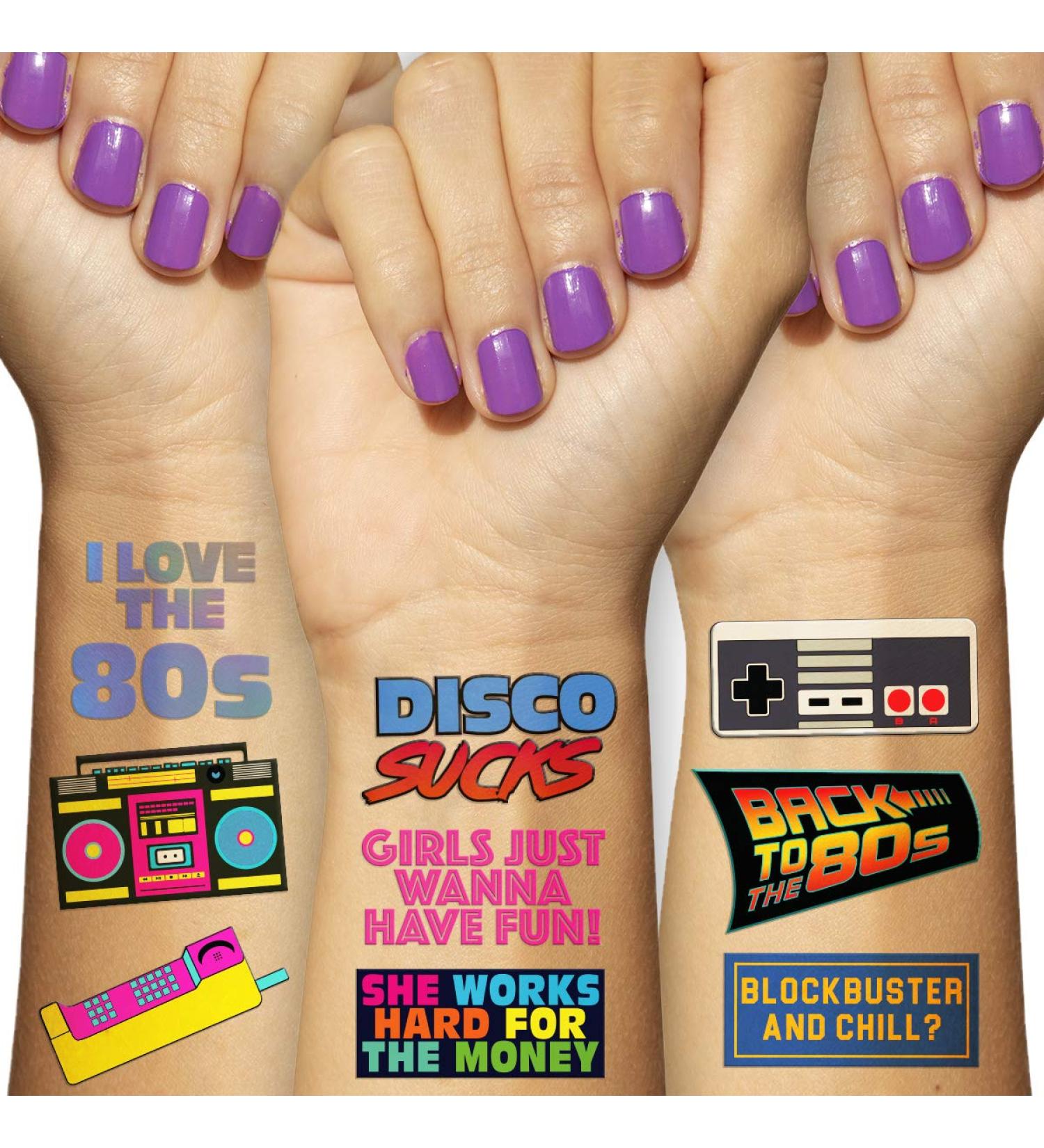 Retro 80s Theme Temporary Tattoos (5 Pages) - Funny 1980's Theme Party Decoration  Favors & Supplies