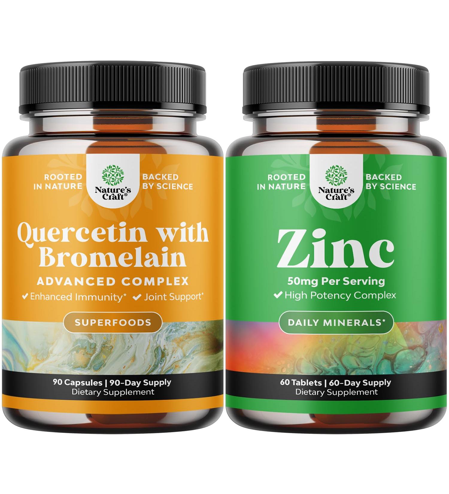 Bundle of Pure Quercetin with Bromelain Supplement + 500mg Capsules for Immune Support & Breathing and Zinc 50mg - Enhance Hair Skin and Nails - Easy to Swallow Potent Daily Tablets for Adults - Buy Online on GoSupps.com