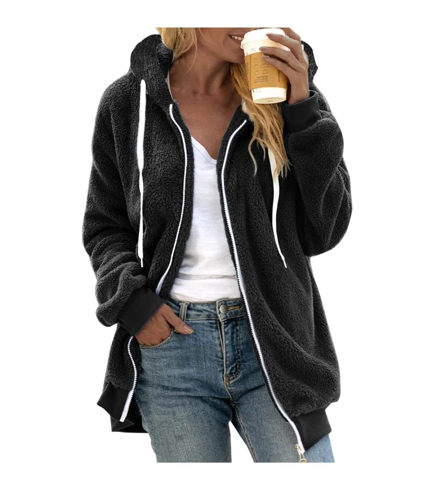 Buy Hanxiulin Women's Fleece Jacket - Warm Hooded Plush Bomber Coat for Winter - Stylish & Cuddly Black Parka - Buy Online on GoSupps.com