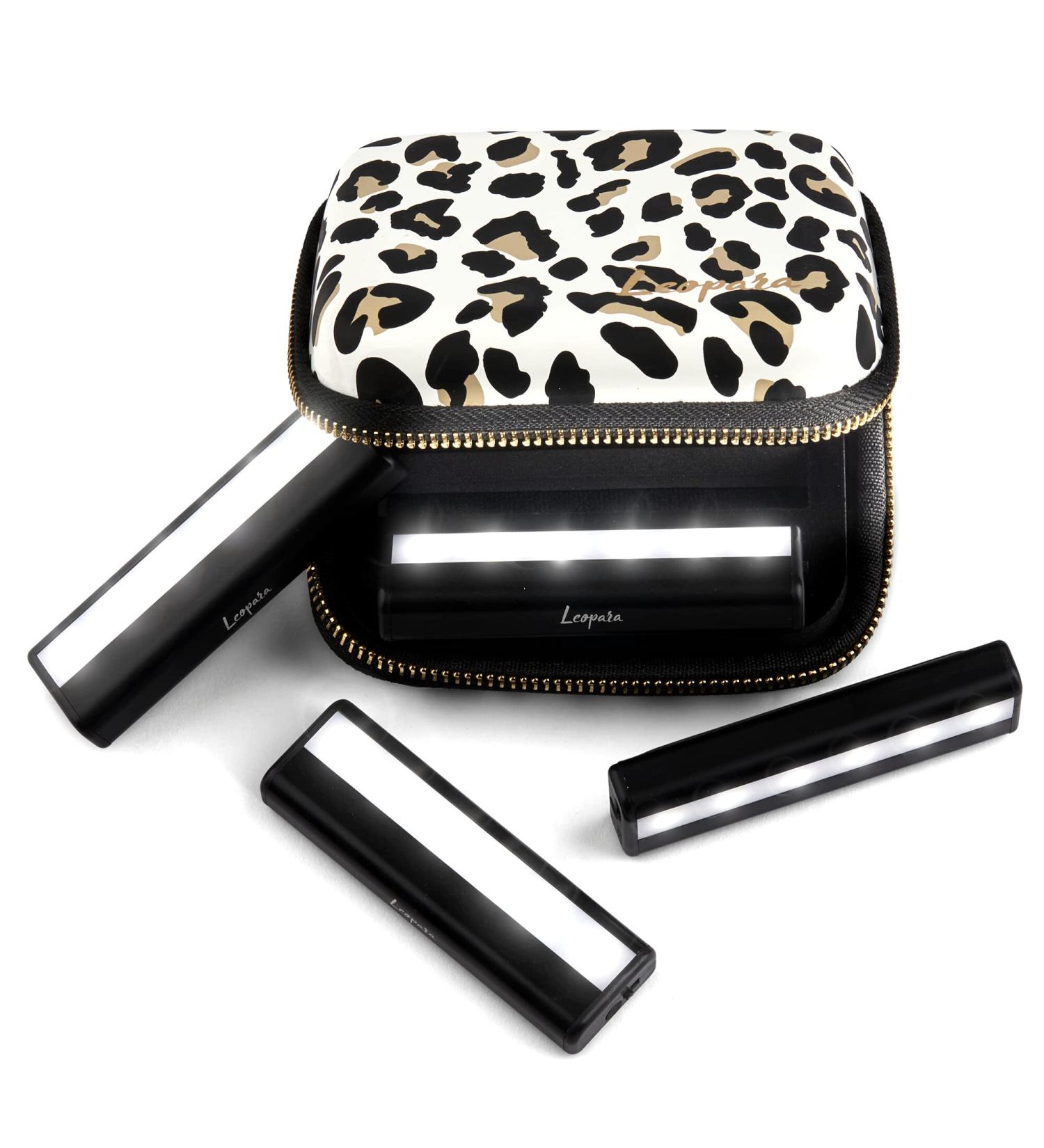 Leopara Makeup Lighting System - Set of 4 Portable LED Vanity Lights | Wireless & Rechargeable | Bright Lighting for Any Mirror | Leopard Lux Travel Case - Buy Online on GoSupps.com