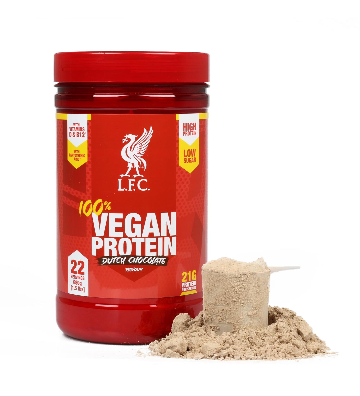 LFC Vegan Protein Powder Dutch Chocolate 680g | 21g High Protein Low Sugar | Vitamin D & B12 | 100% Vegan | Official Liverpool FC Licensed | 22 Servings - Buy Online on GoSupps.com