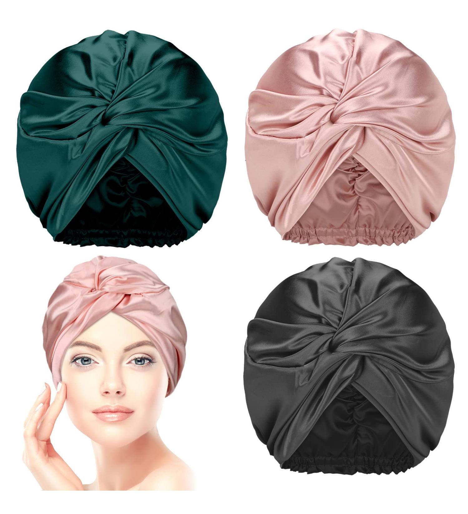 Silk Hair Wrap Set - 3-Piece Bonnet for Natural Curly Hair (Black, Rose Gold, Green) - Buy Online on GoSupps.com