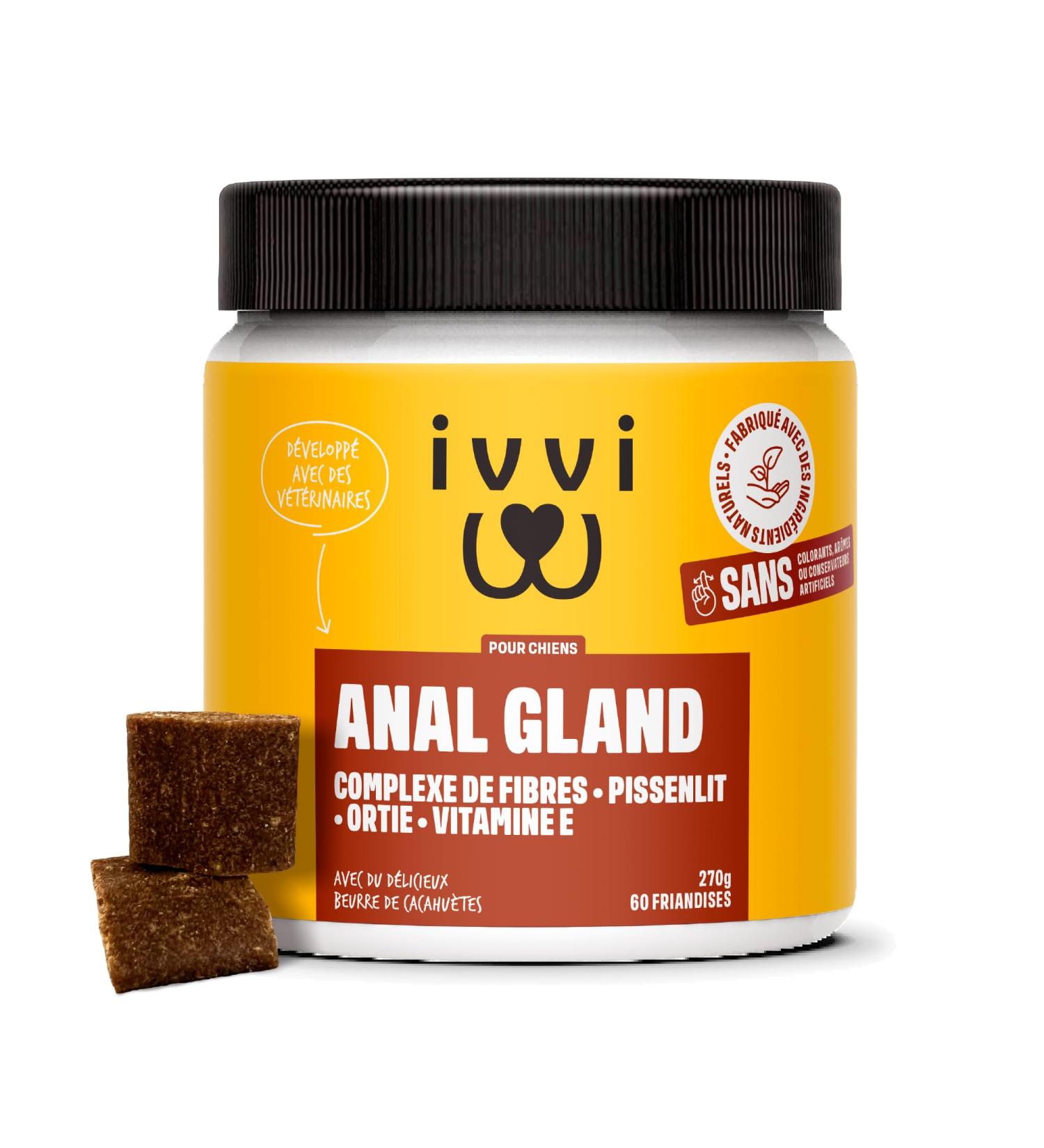 ivvi Anal Gland - Snacks to Support Dogs' Anal Gland Health. Contains Pumpkin Psyllium Flax Dandelion Nettle and Prebiotics. 60 Snacks (270g) with Peanut Butter Base. - Buy Online on GoSupps.com