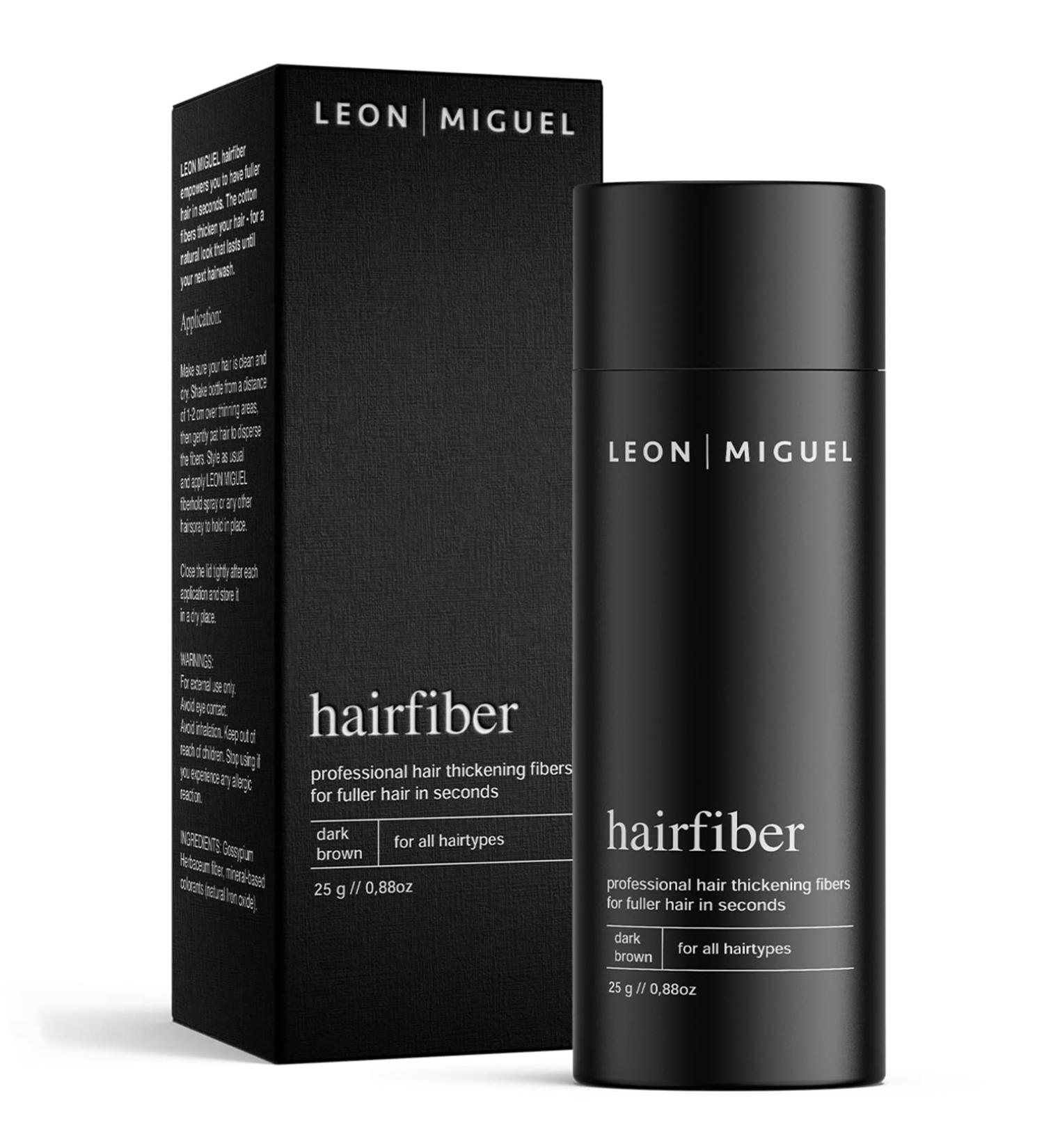 LEON MIGUEL Hair Fiber - Instant Hair Thickener for Receding Hairlines & Balding Areas - Dark Brown 25g - Buy Online on GoSupps.com