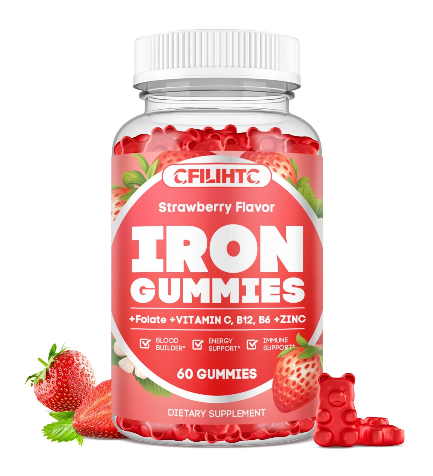 Iron Gummies for Women & Men - Iron Supplement with Vitamin B6, B12, C, Zinc, Folate for Adults & Kids - Support Iron Deficiency, Anemia, Energy Boost, Blood Builder - Sugar Free Vegan 60ct Strawberry Strawberry 60 Count (P  - Buy Online on GoSupps.com
